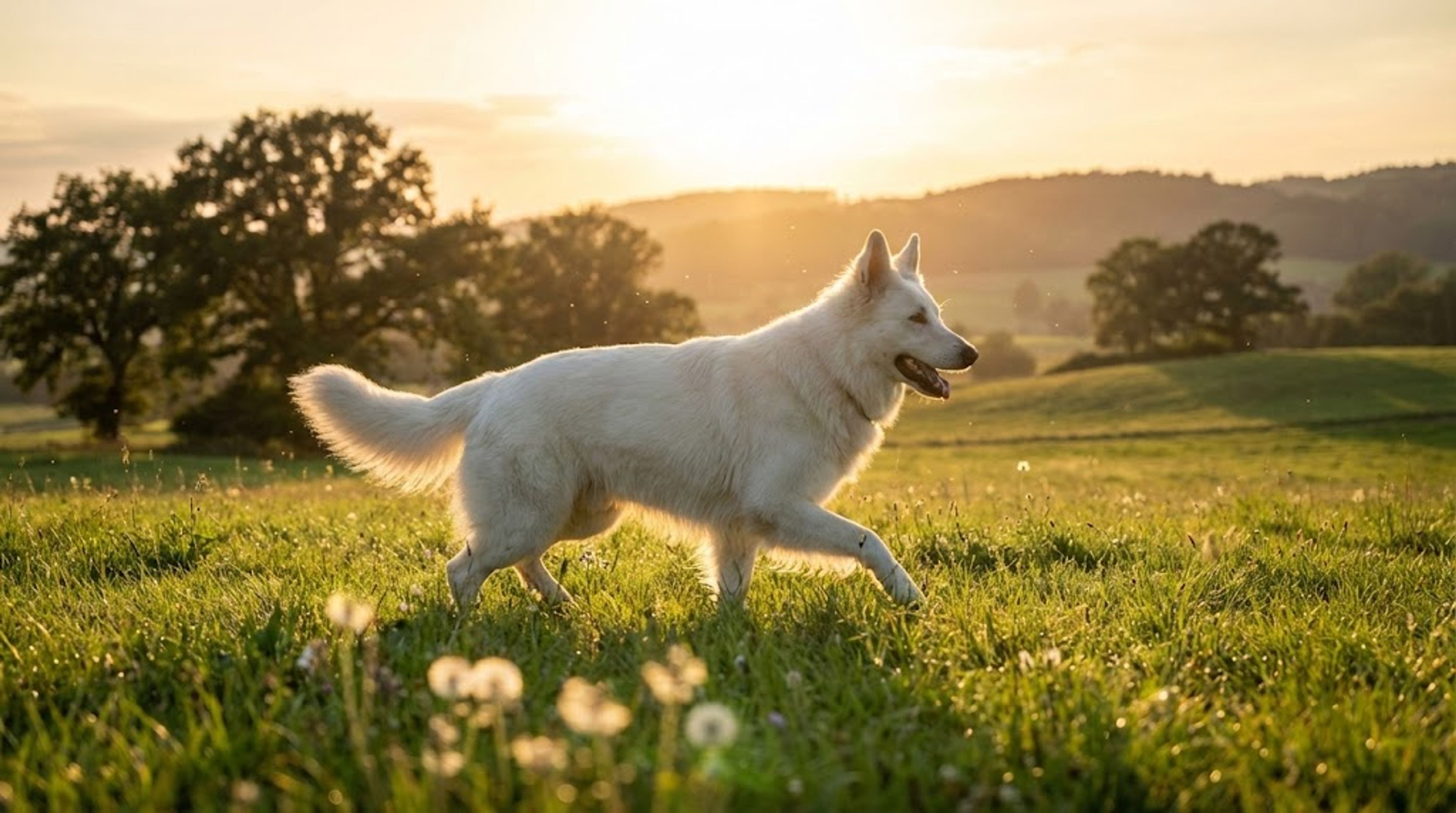 White Swiss Shepherd dog running in a field, representing white dog breeds