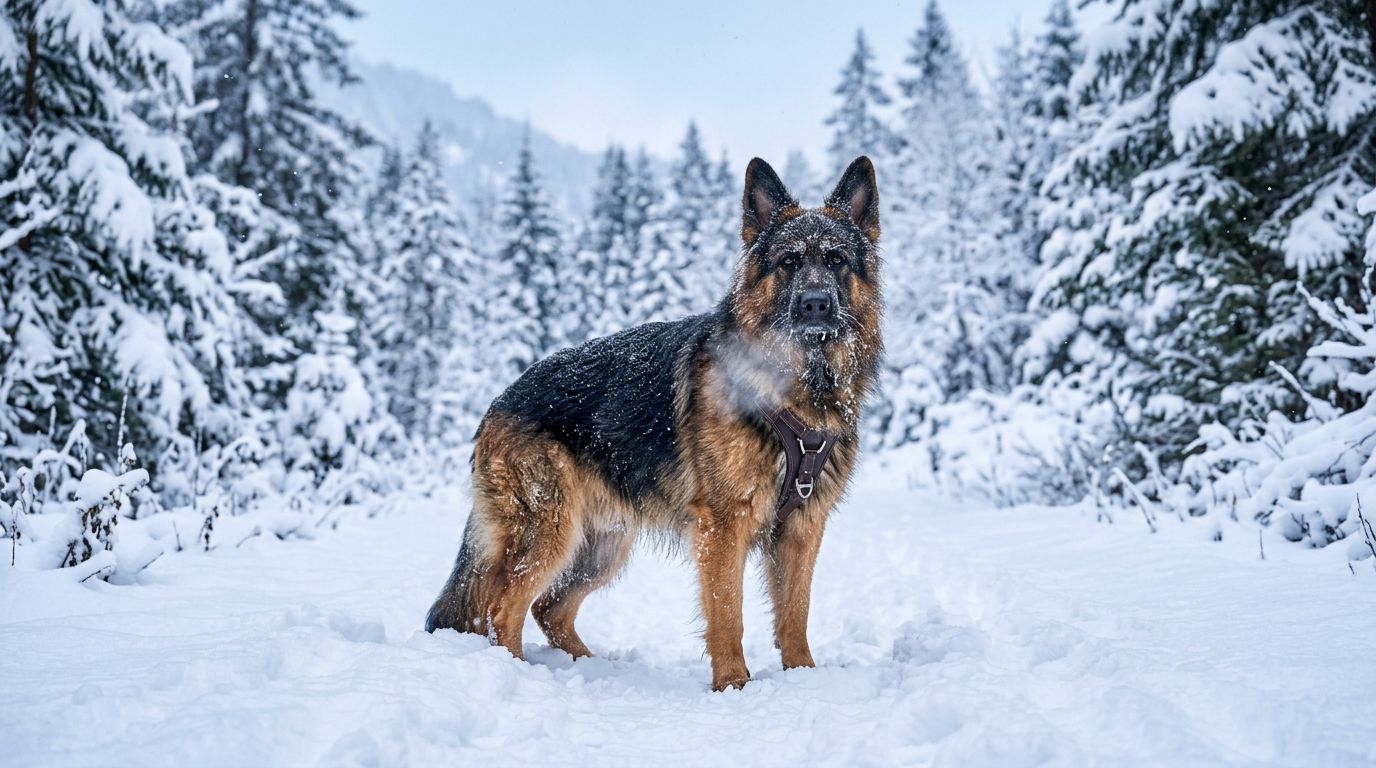 German Shepherd standing in deep snow during winter with frost on its thick double coat