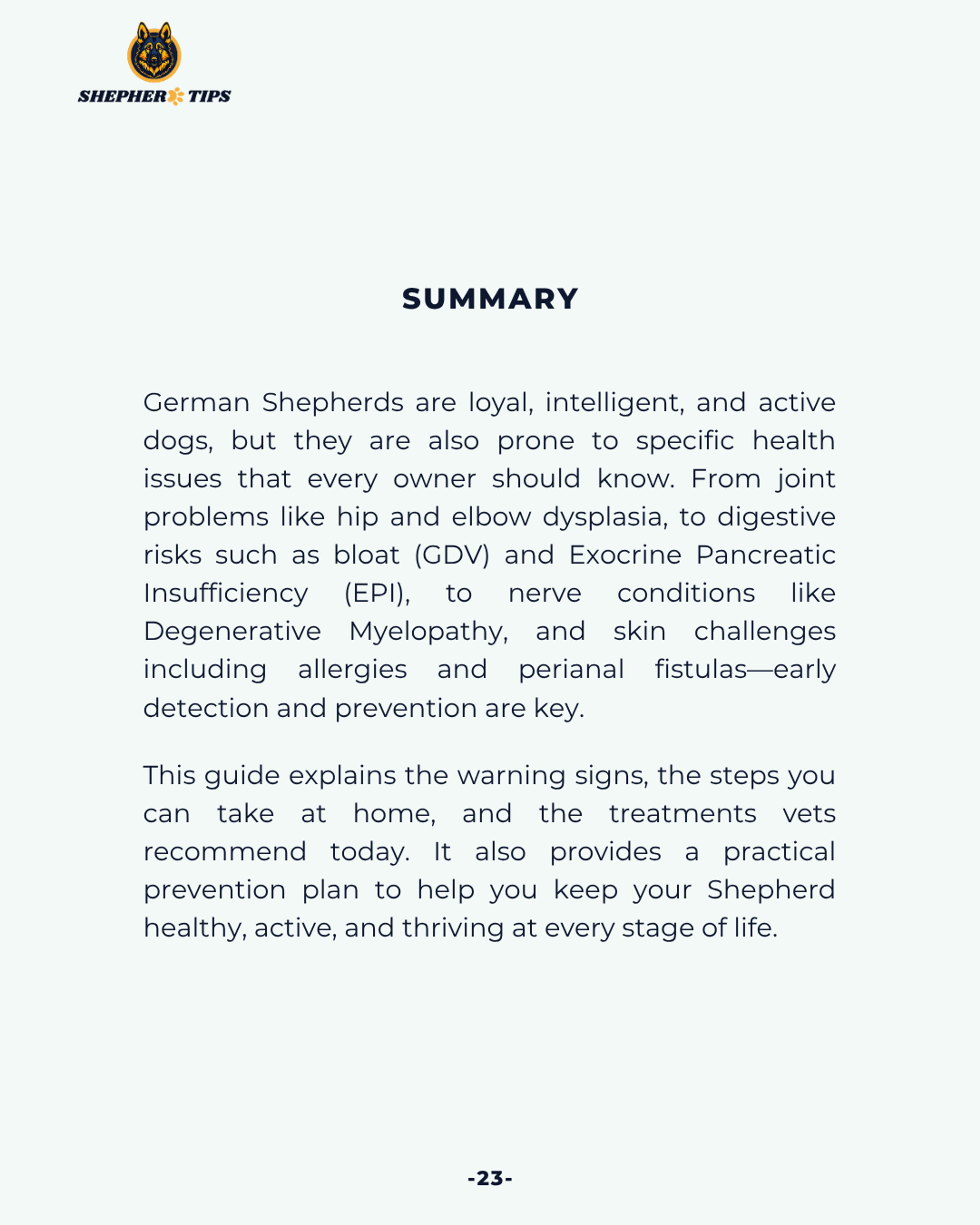 German Shepherd Health Guide ebook summary page detailing common health issues and prevention strategies.