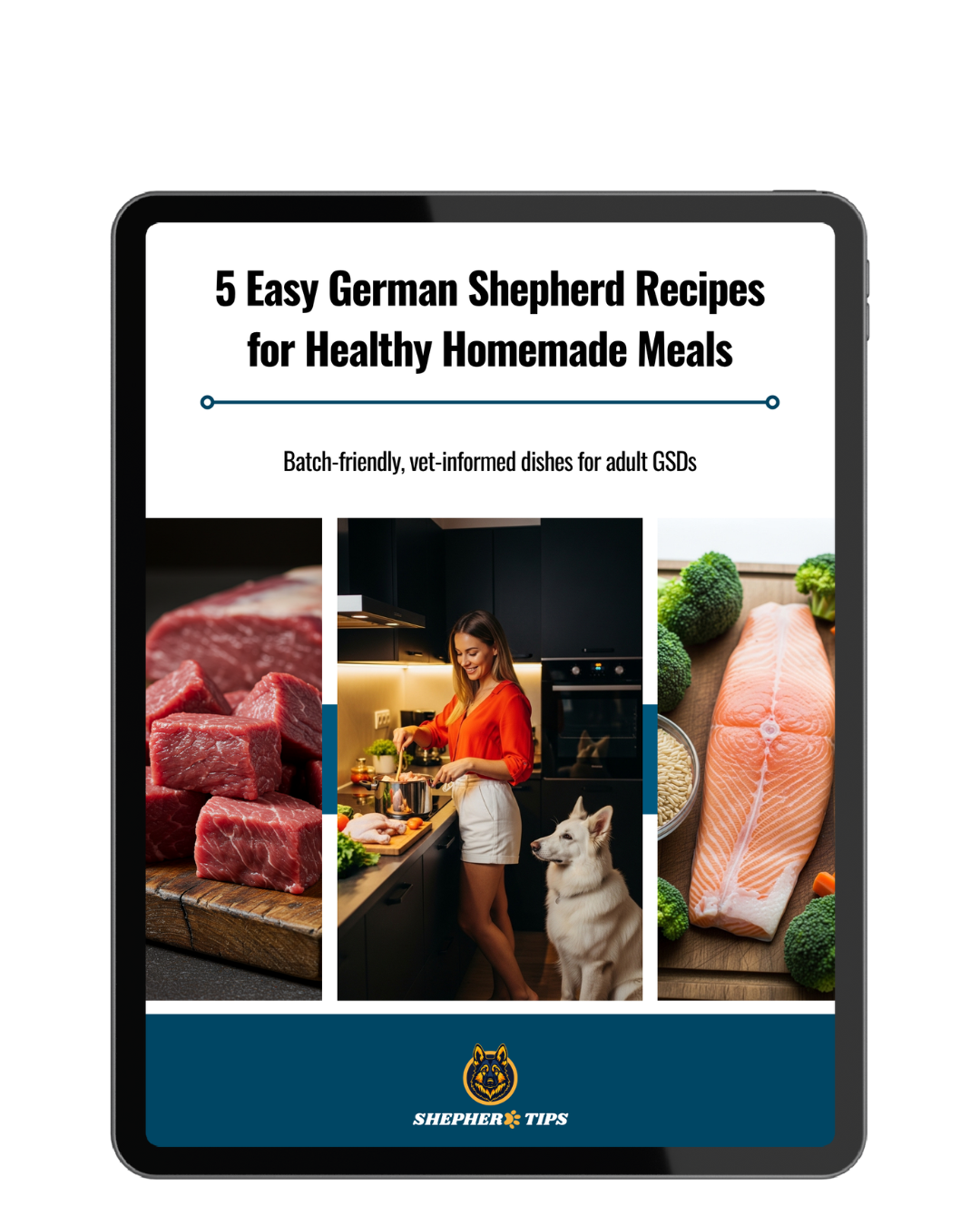 Cover of ebook '5 Easy German Shepherd Recipes' with images of raw meat, a woman cooking with a German Shepherd, and salmon.