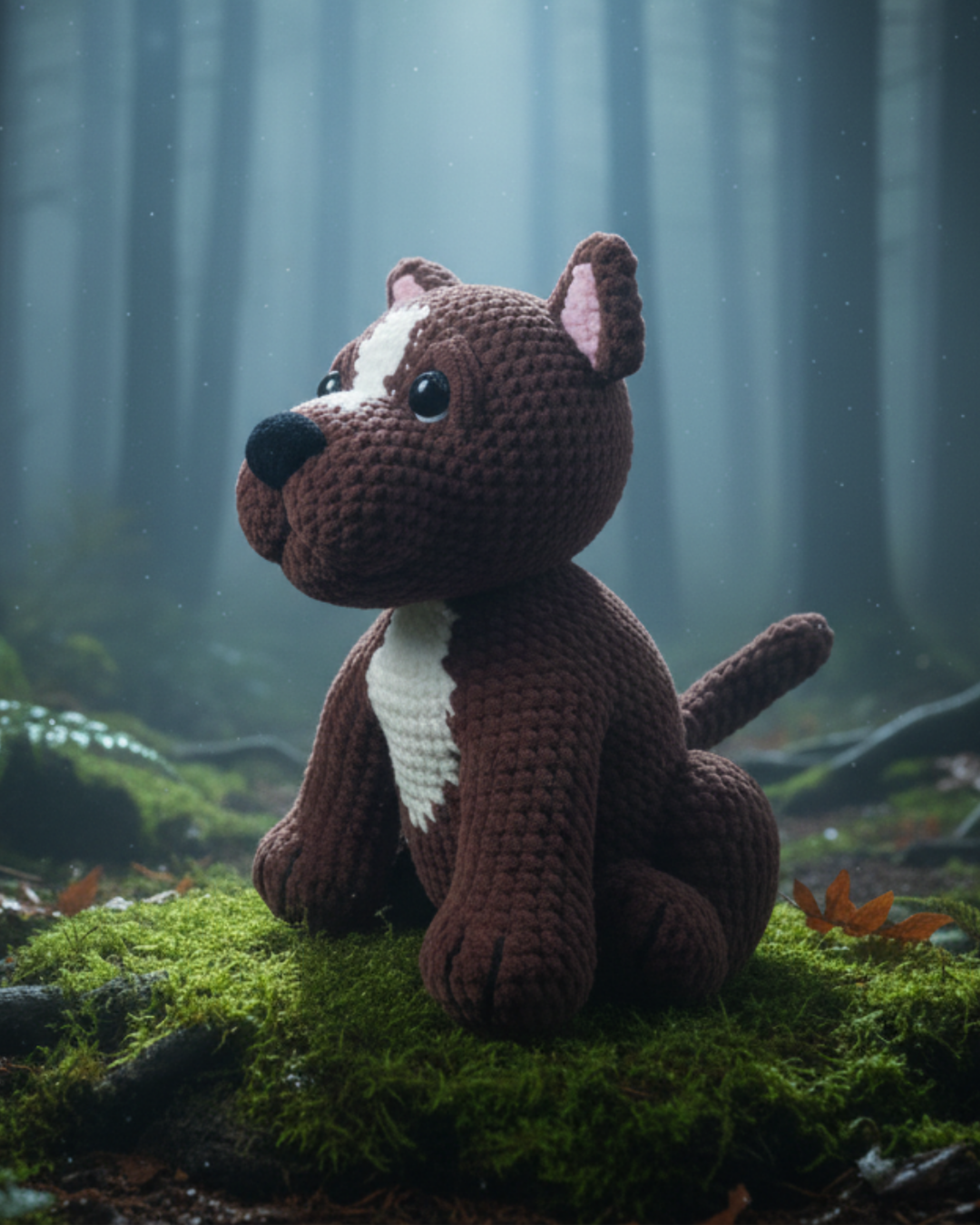Crochet pitbull amigurumi showing the front view with detailed stitching, realistic features, and sitting on a mossy forest floor
