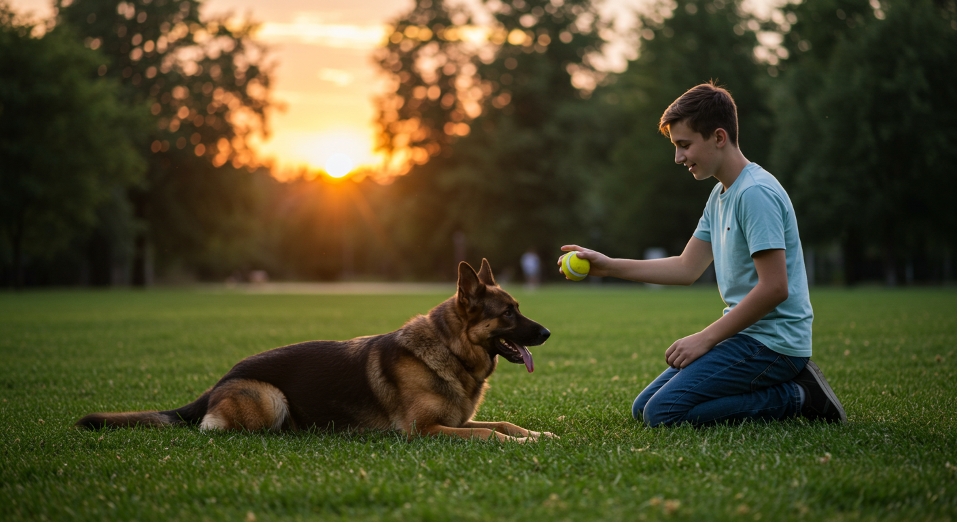 Are German Shepherds Good With Kids? A gentle German Shepherd lying on green grass in a sunlit park while an adult boy plays nearby.