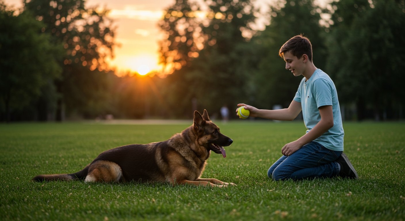 Are German Shepherds Good With Kids? A gentle German Shepherd lying on green grass in a sunlit park while an adult boy plays nearby.