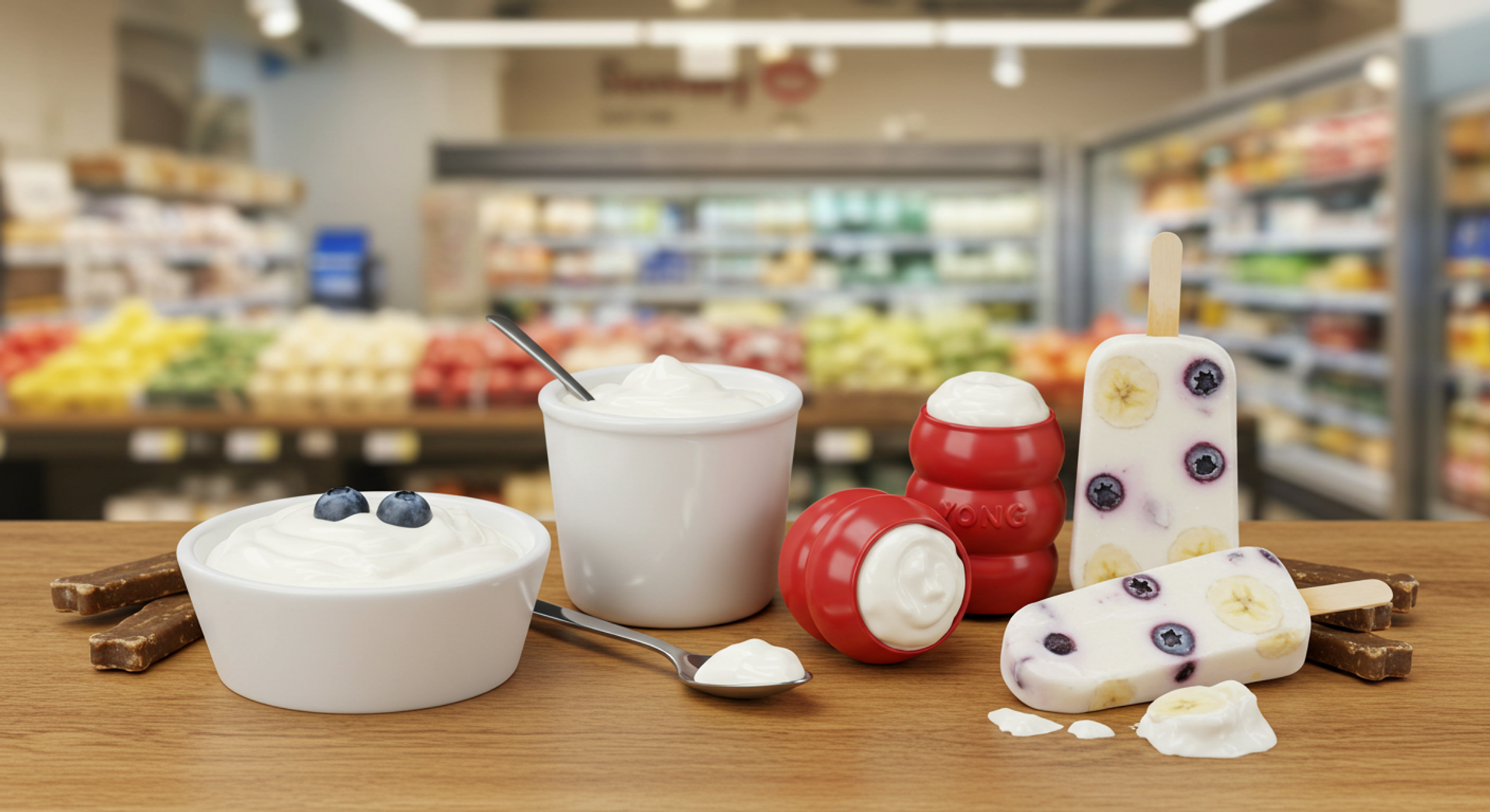 Dog-friendly yogurt treats on a wooden counter in a supermarket.