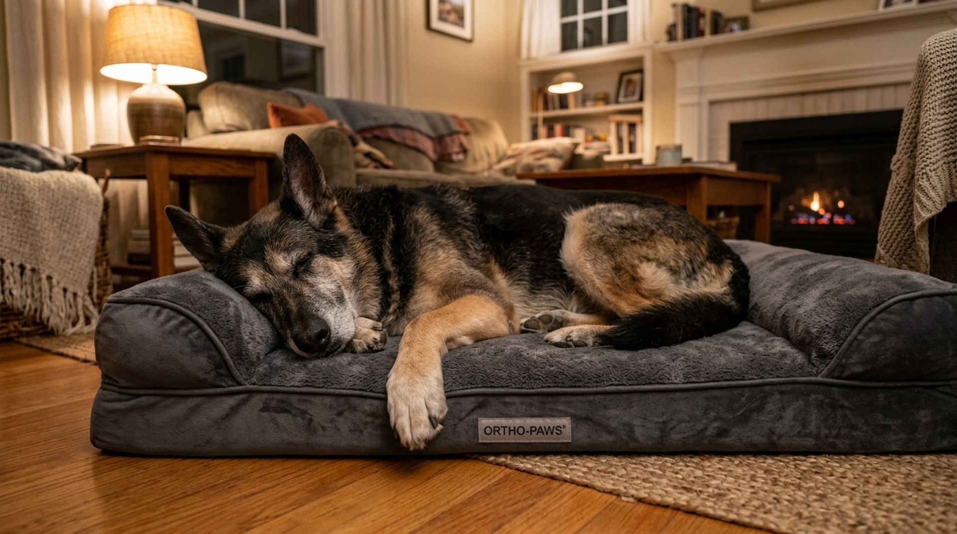 Senior German Shepherd resting comfortably on a thick, supportive orthopedic memory foam bed