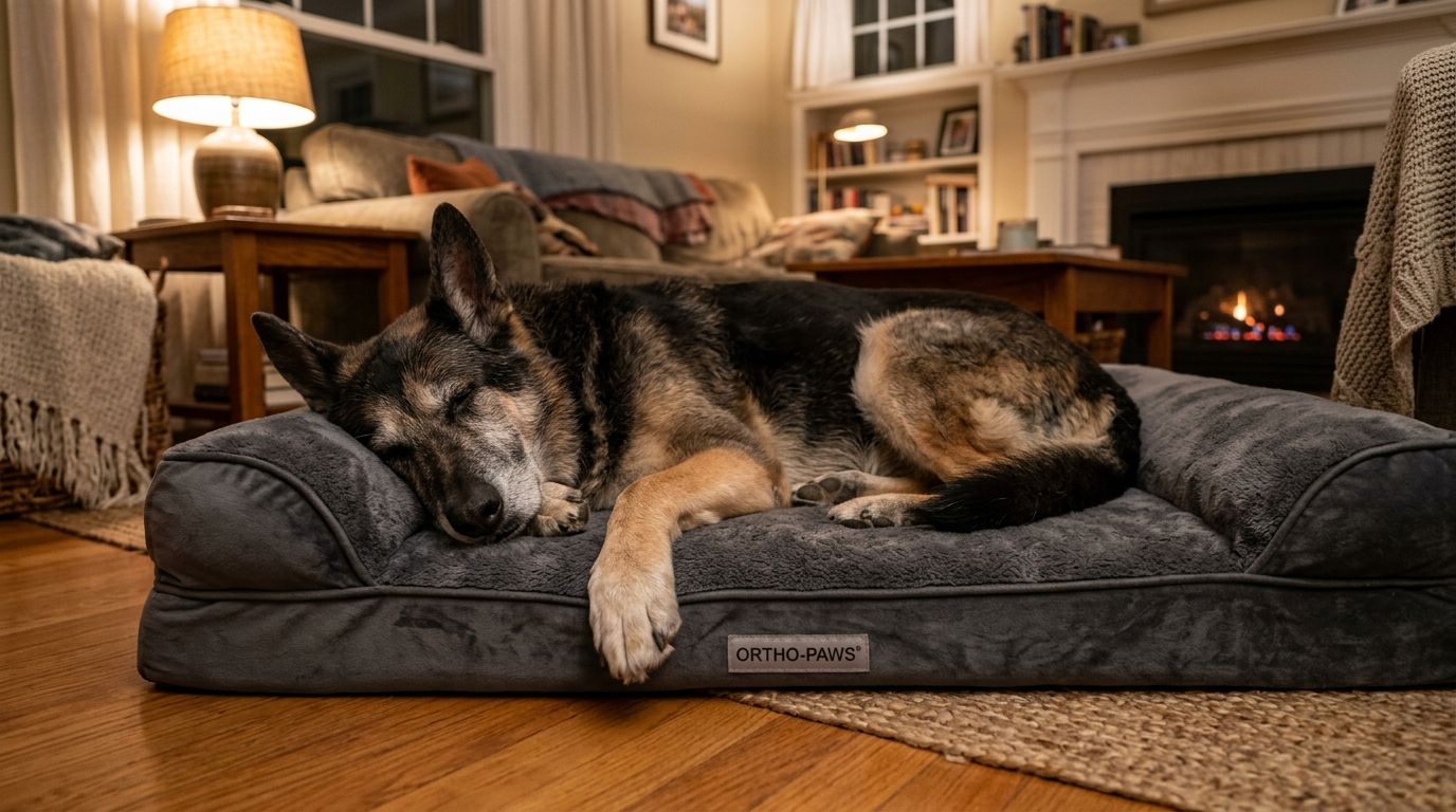 Senior German Shepherd resting comfortably on a thick, supportive orthopedic memory foam bed