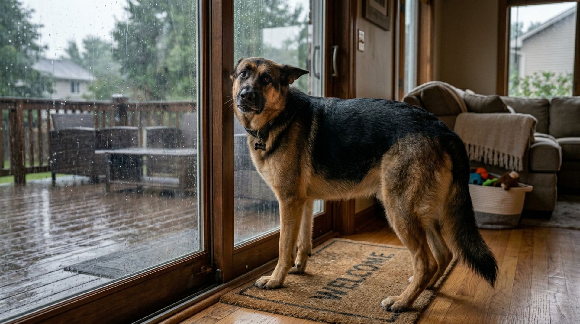 German Shepherd whining urgently by the back door as an alert to go outside