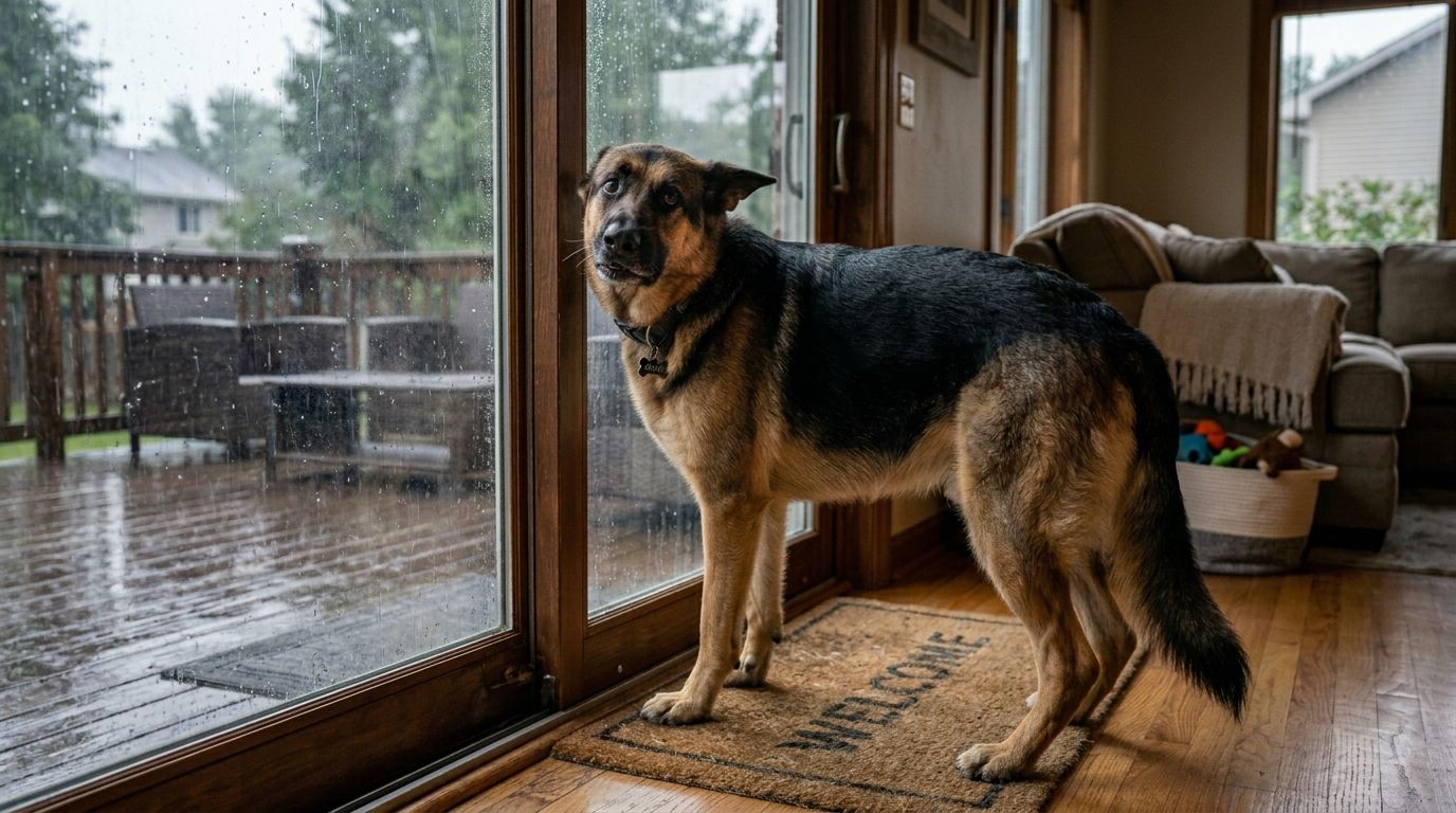 German Shepherd whining urgently by the back door as an alert to go outside