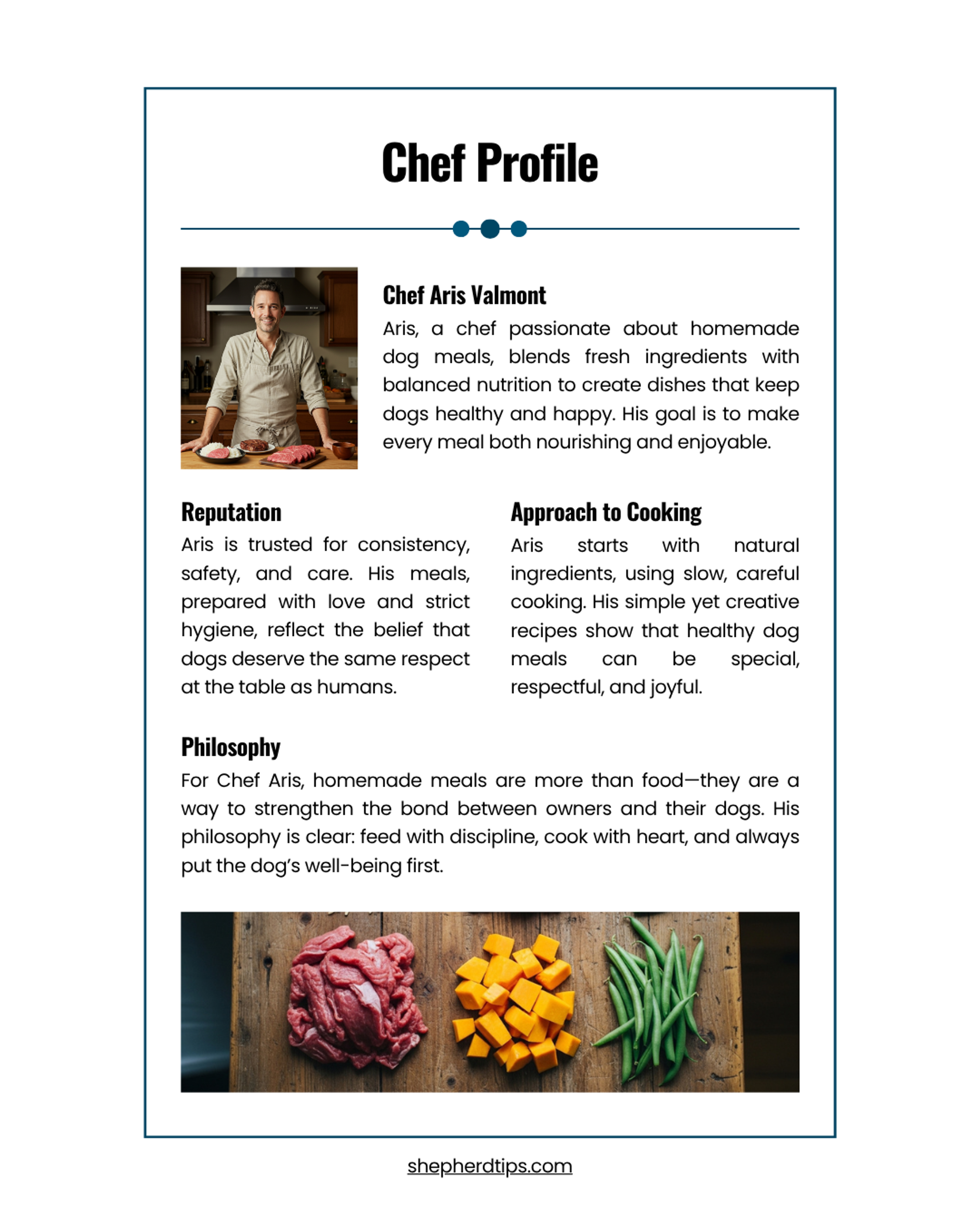 5 Easy German Shepherd Recipes ebook showing chef profile page with photo, text, and ingredients.