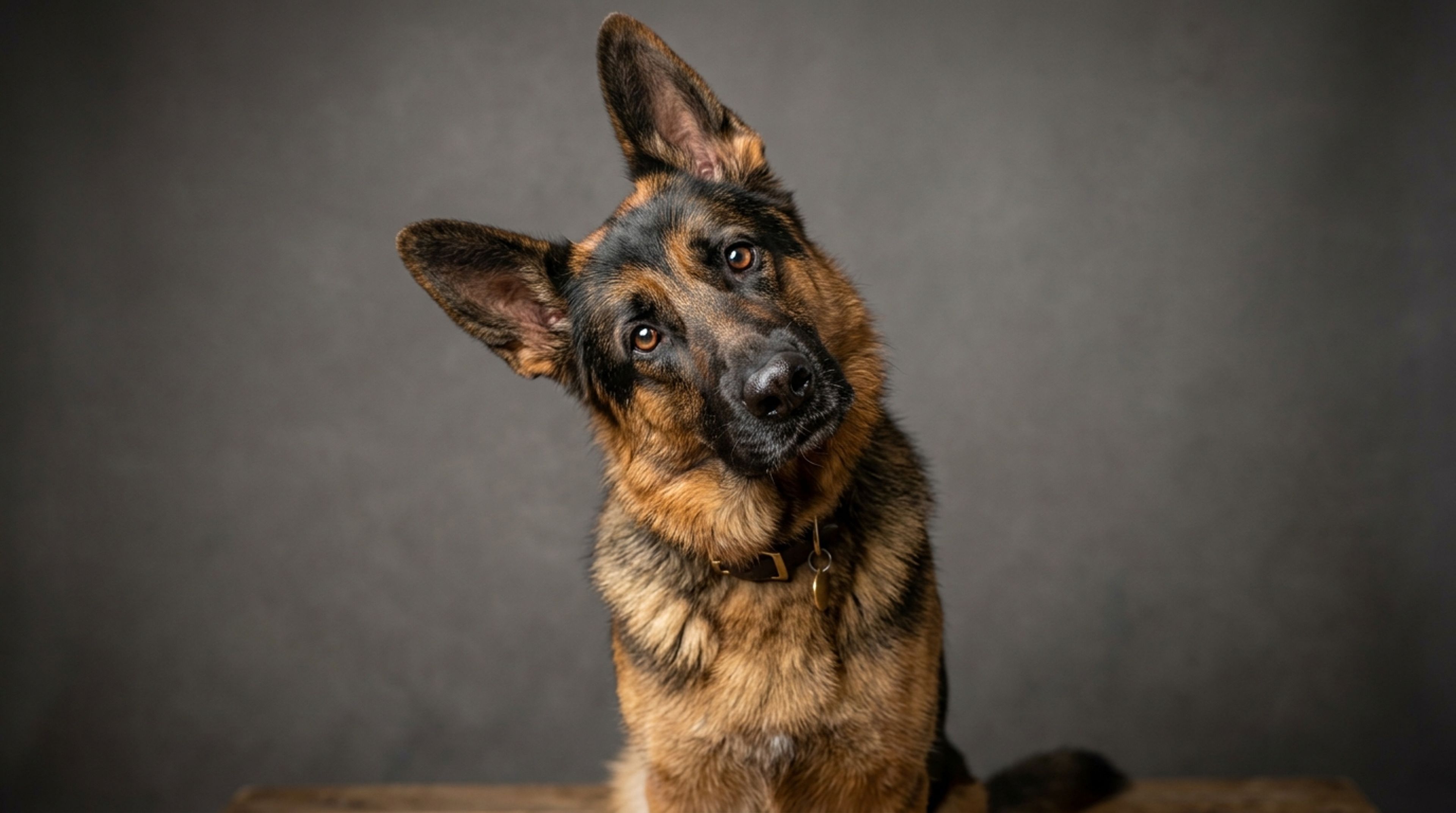 Curious German Shepherd actively doing a funny and sharp head tilt