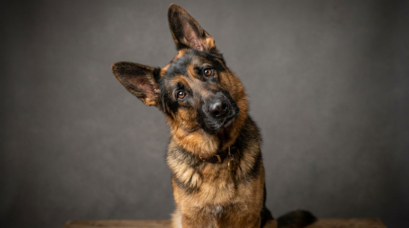 Curious German Shepherd actively doing a funny and sharp head tilt