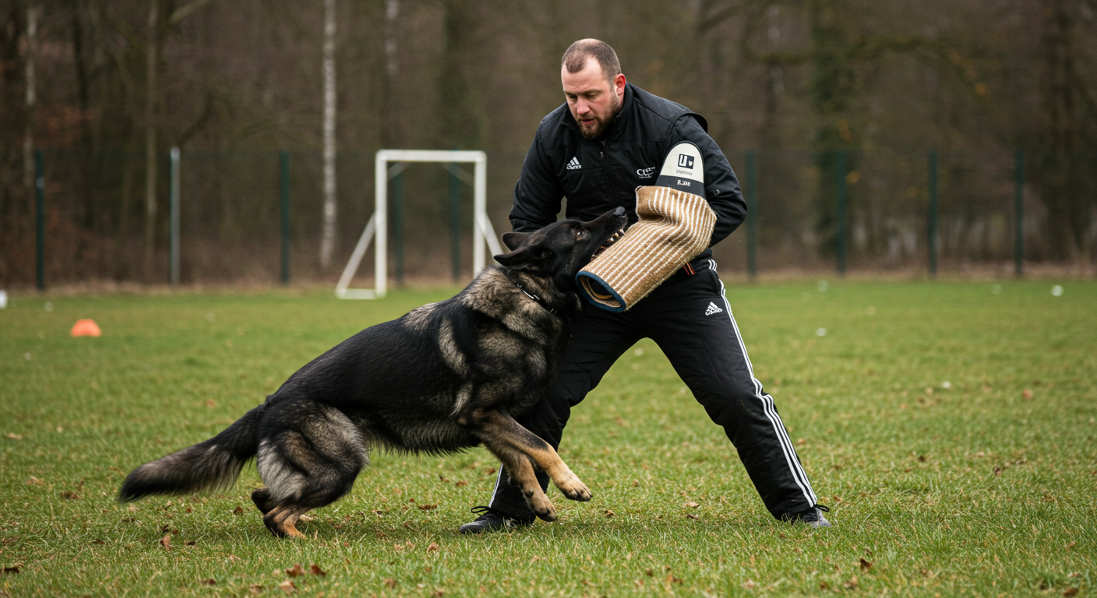 a man playing with a german shepherd wearing a jacket