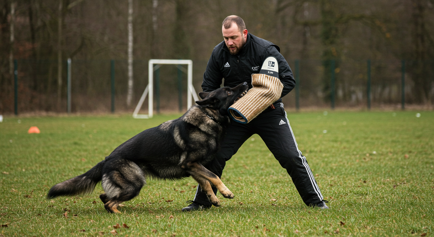 a man playing with a german shepherd wearing a jacket