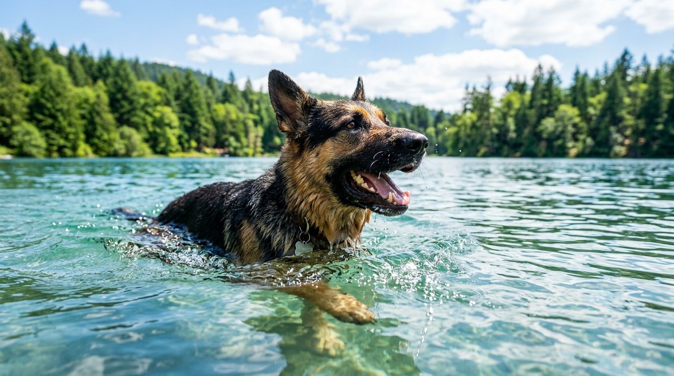 German Shepherd swimming happily in a clear lake on a sunny summer day