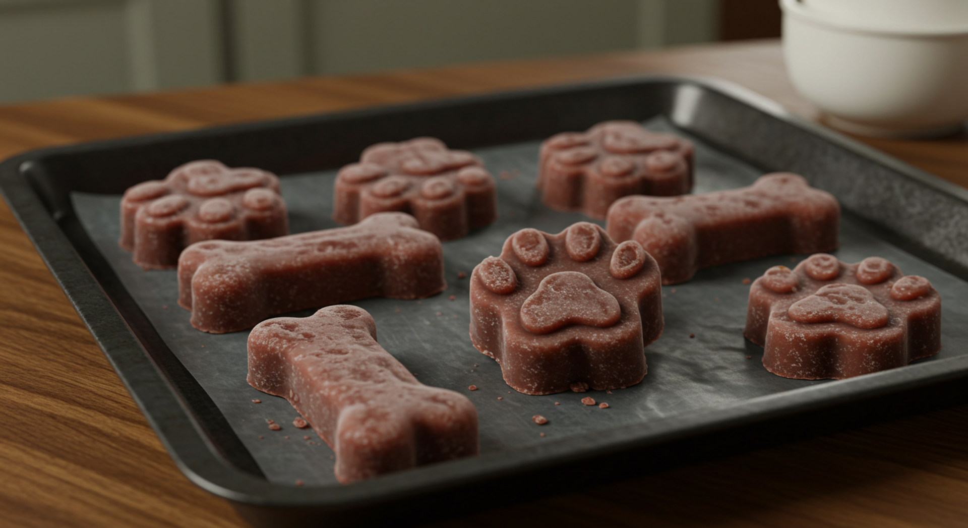 a tray of dog treats in the shape of paws and bones