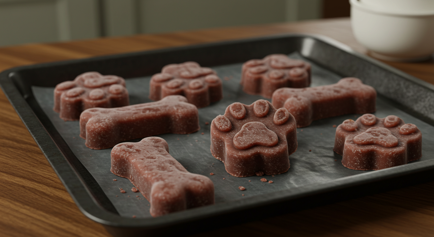 a tray of dog treats in the shape of paws and bones