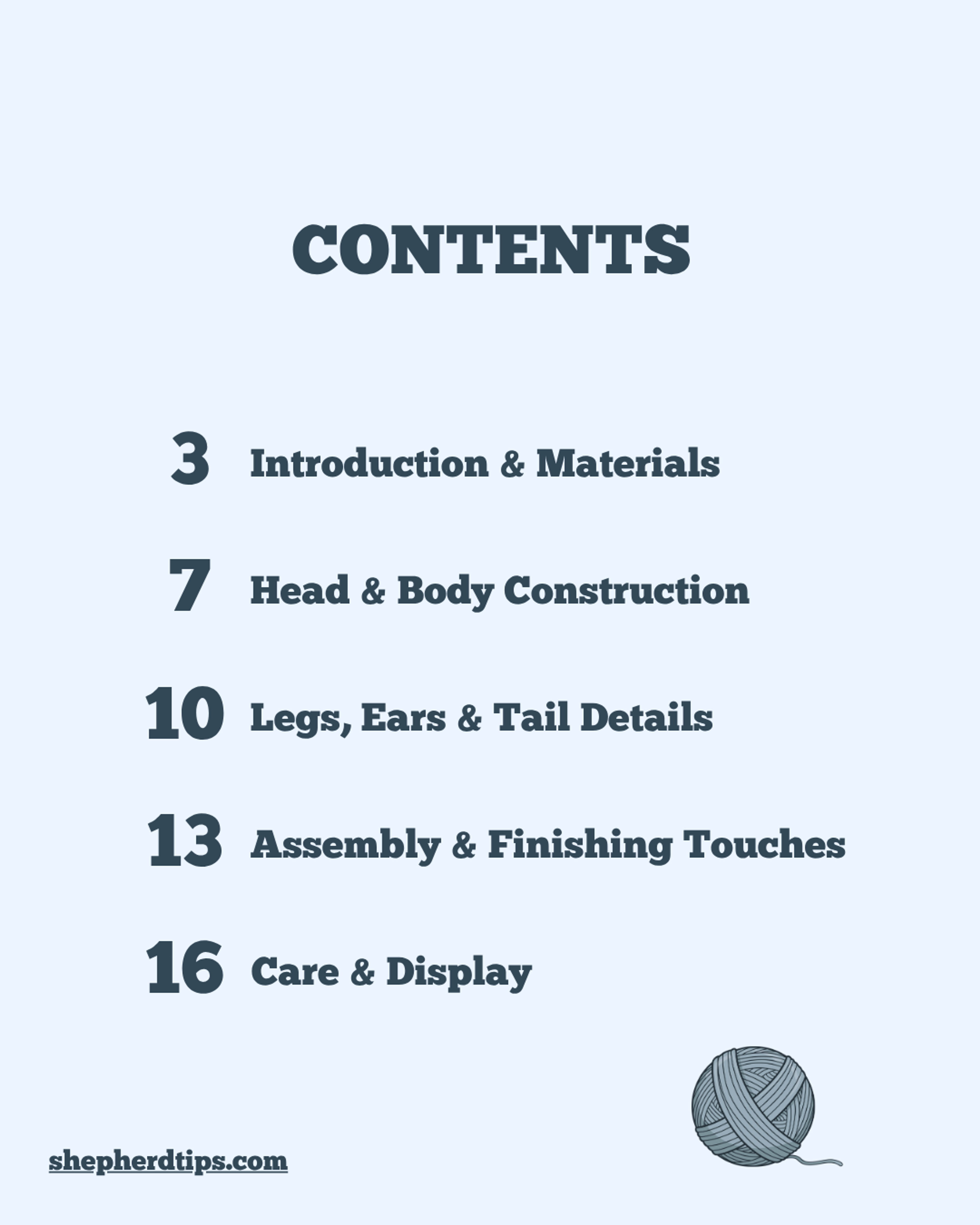 Husky crochet pattern amigurumi PDF showing table of contents with sections on introduction, materials, head and body construction, legs, ears, tail details, assembly, and care
