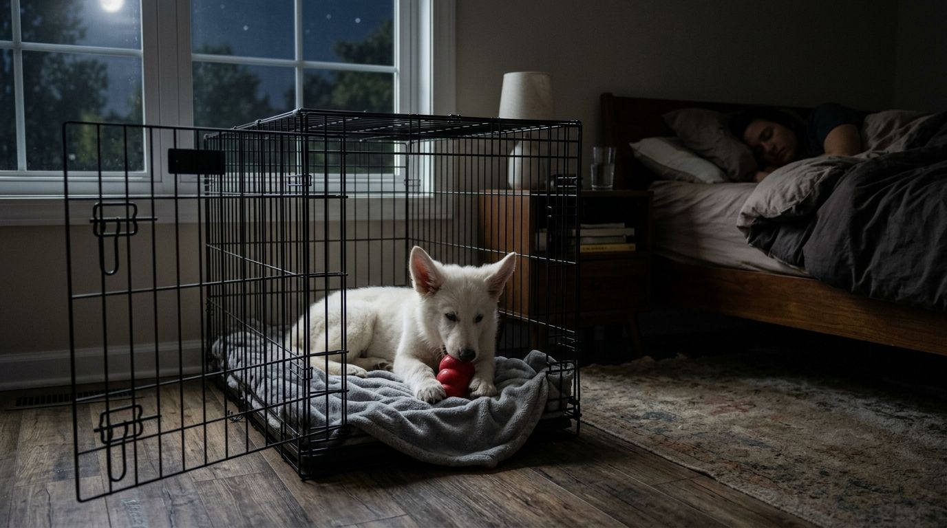 A young solid white German Shepherd puppy calmly chewing a frozen Kong toy in a crate at night