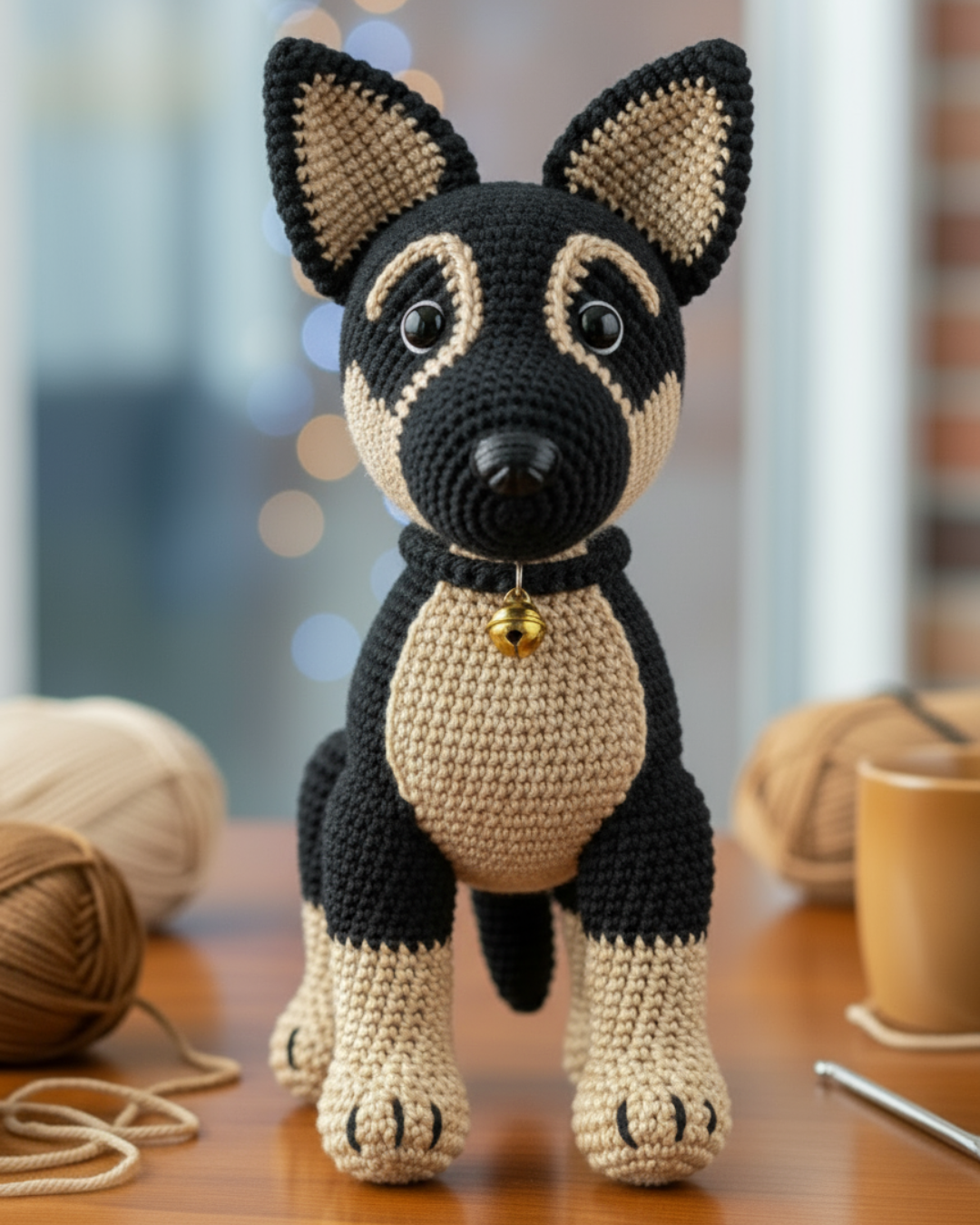 Crochet German Shepherd amigurumi showing the front view with detailed stitching, face features, and realistic design
