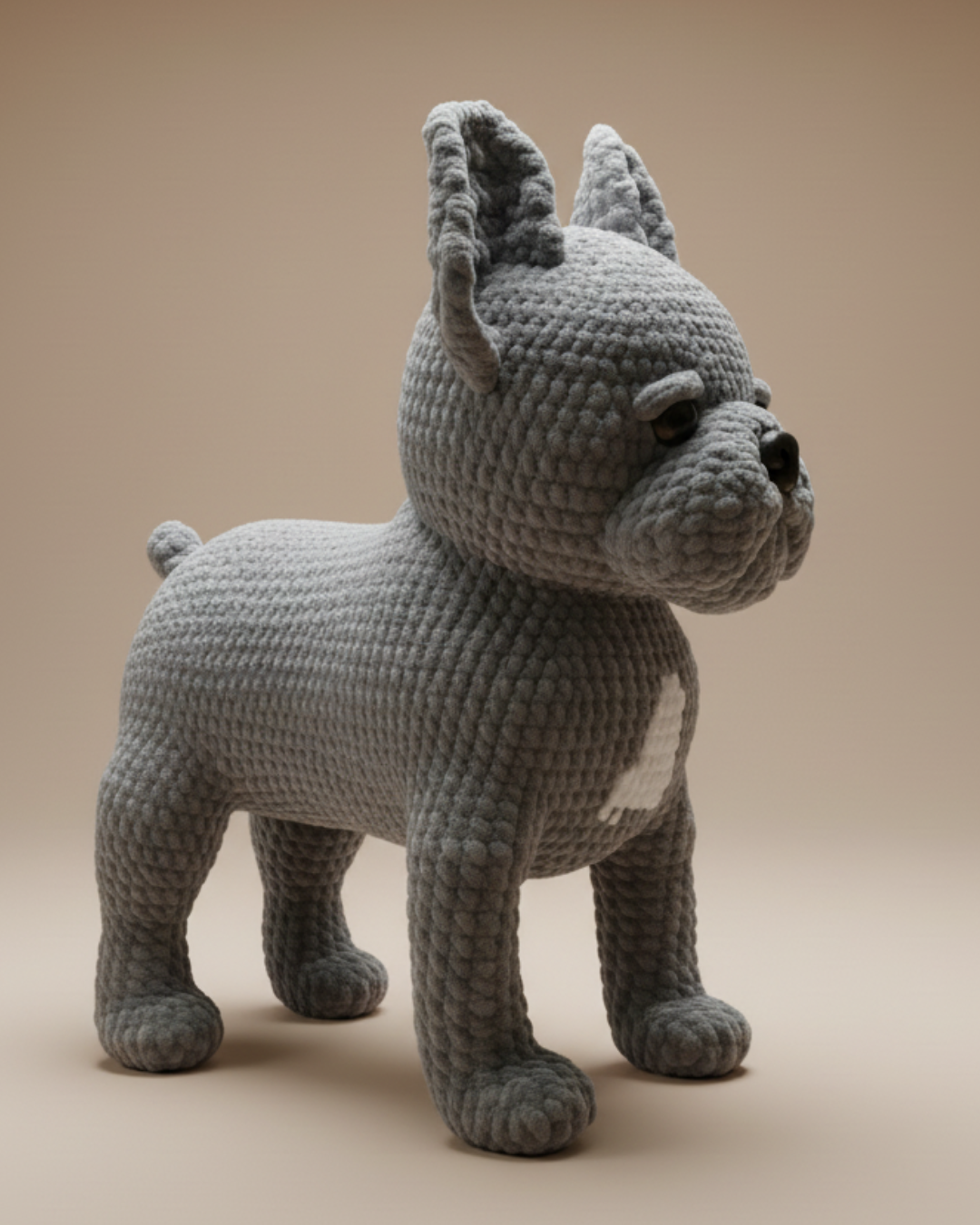 Bulldog crochet pattern amigurumi showing side view with detailed stitching and realistic features