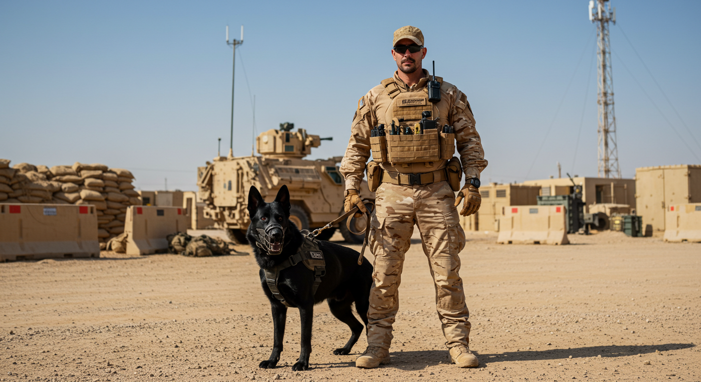 a soldier standing next to a black dog with a tank in the background