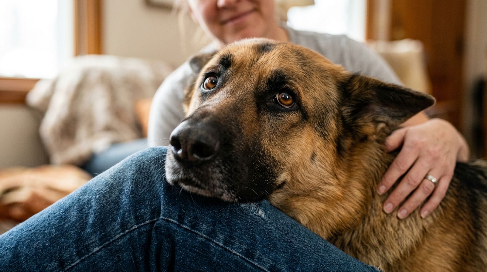 Affectionate German Shepherd resting its heavy chin on its owner's knee