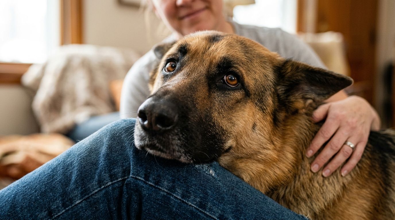 Affectionate German Shepherd resting its heavy chin on its owner's knee