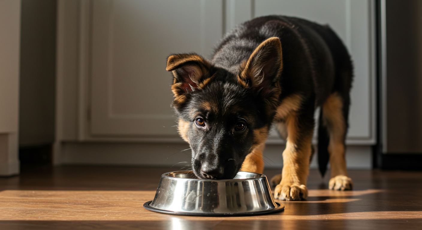 a german shepherd puppy is eating from a metal bowl