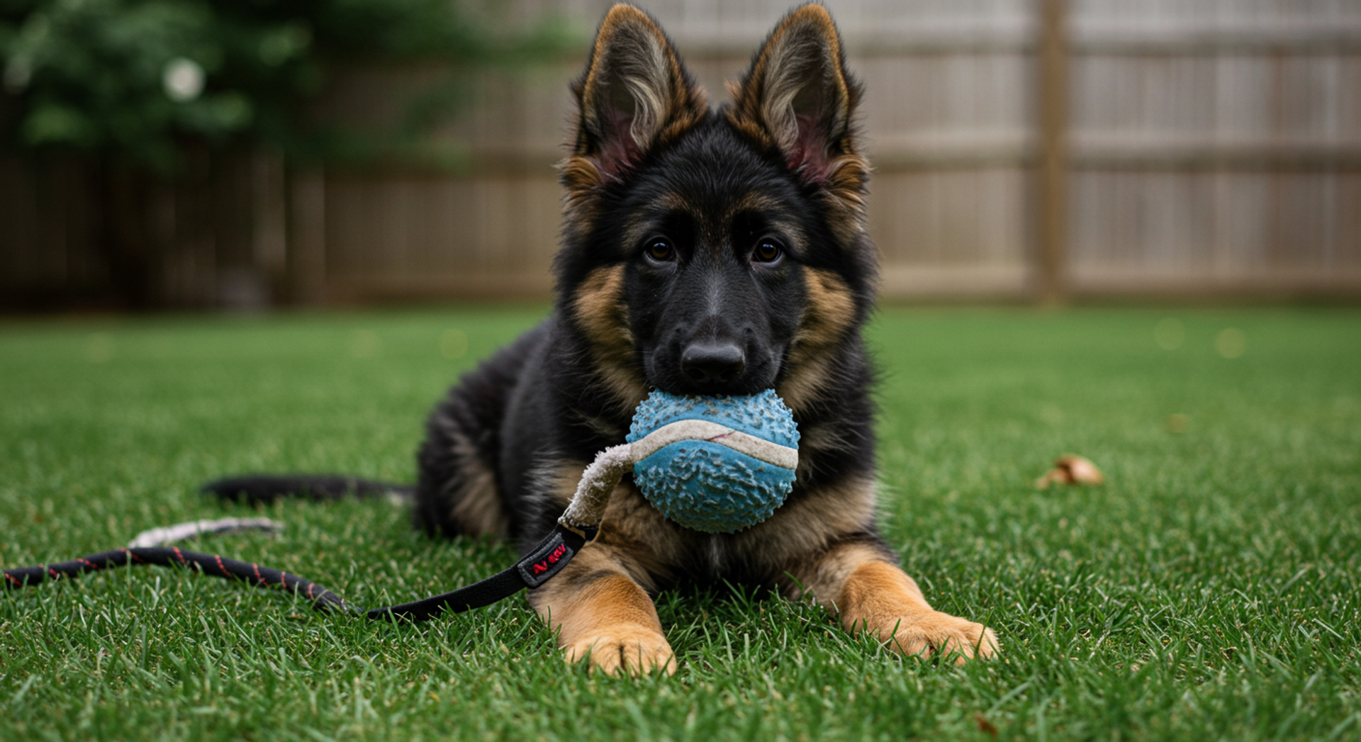 a german shepherd puppy is playing with a blue ball