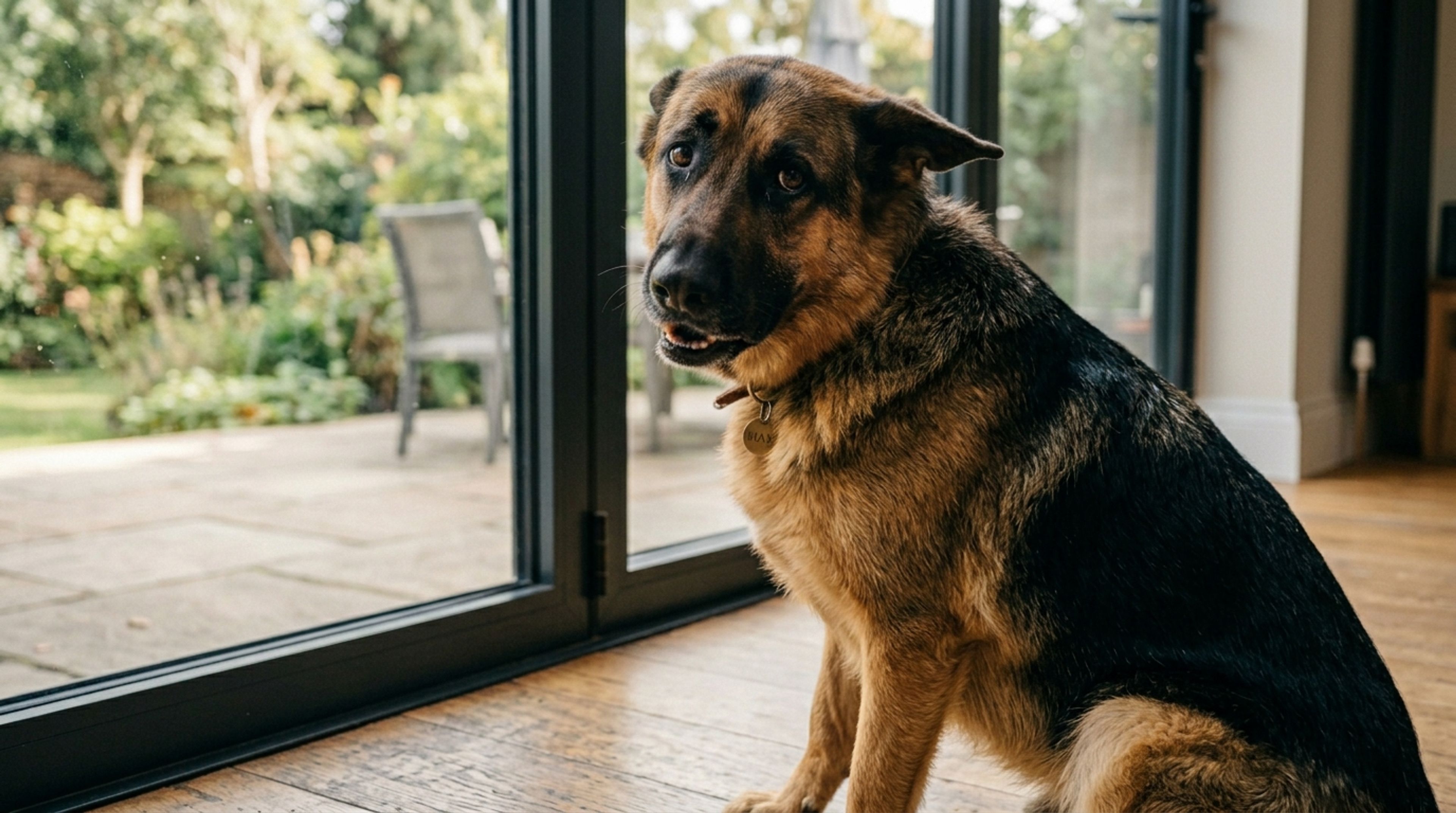 Vocal German Shepherd sitting with pleading eyes in an attempt to communicate or whine