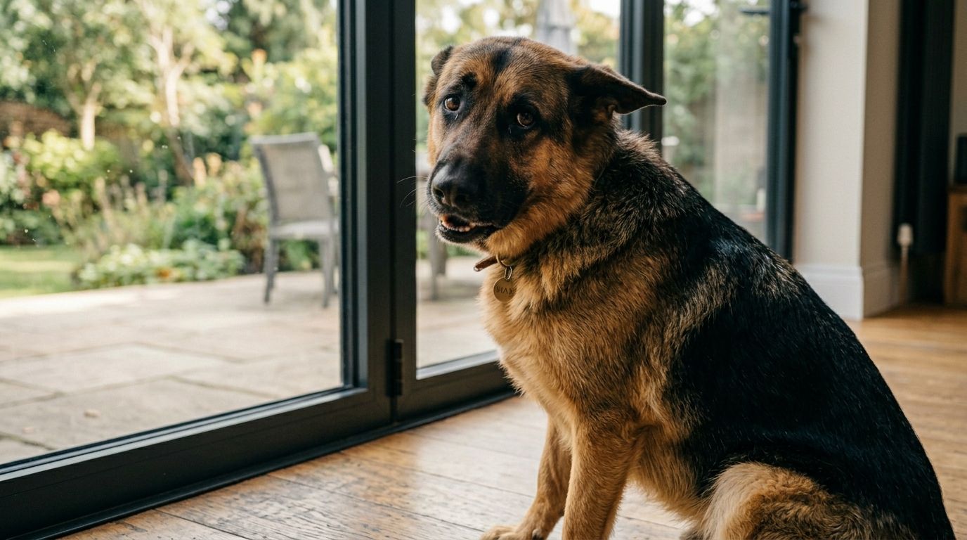 Vocal German Shepherd sitting with pleading eyes in an attempt to communicate or whine