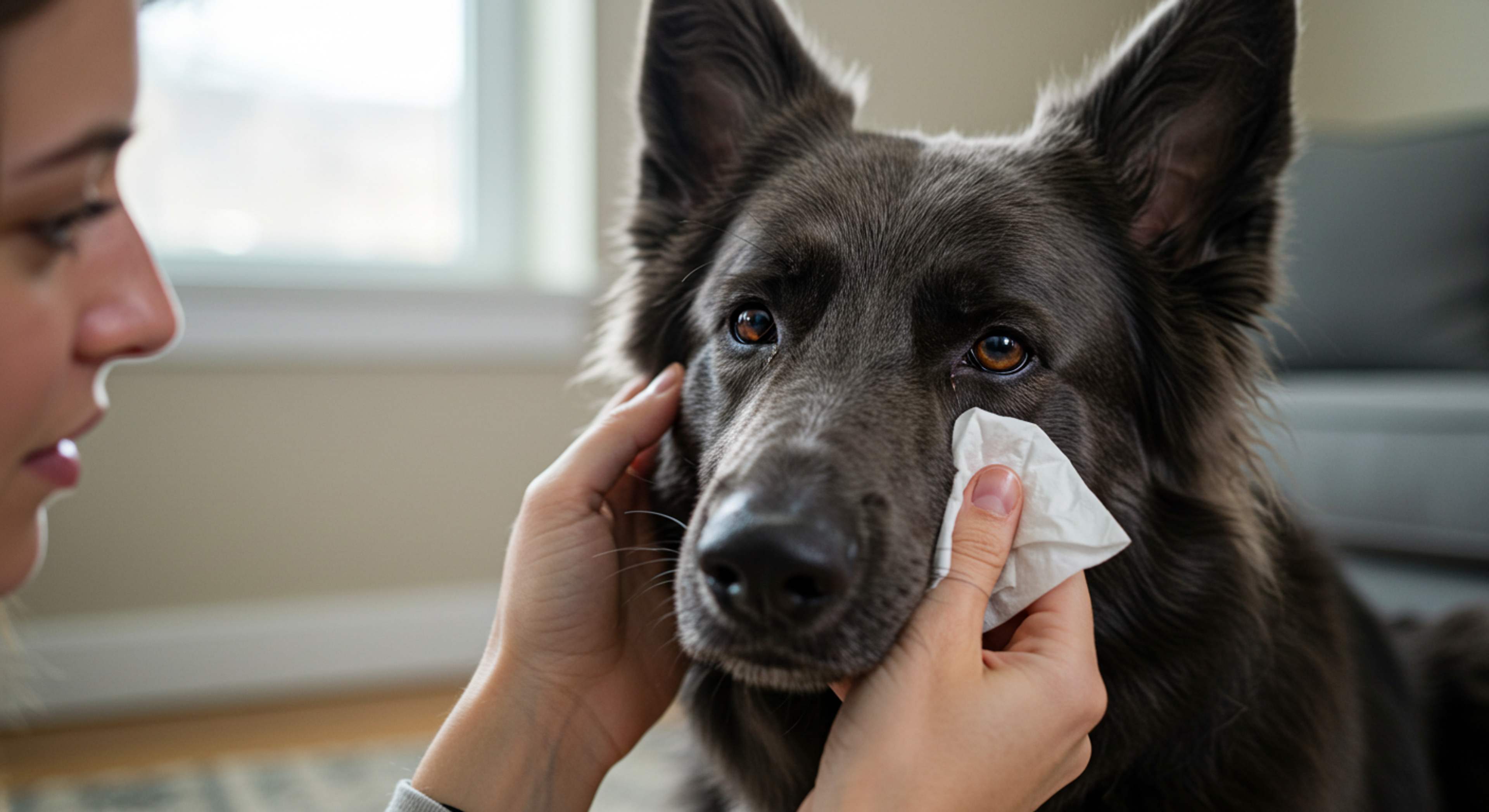 a woman wipes a dog 's eyes with a tissue