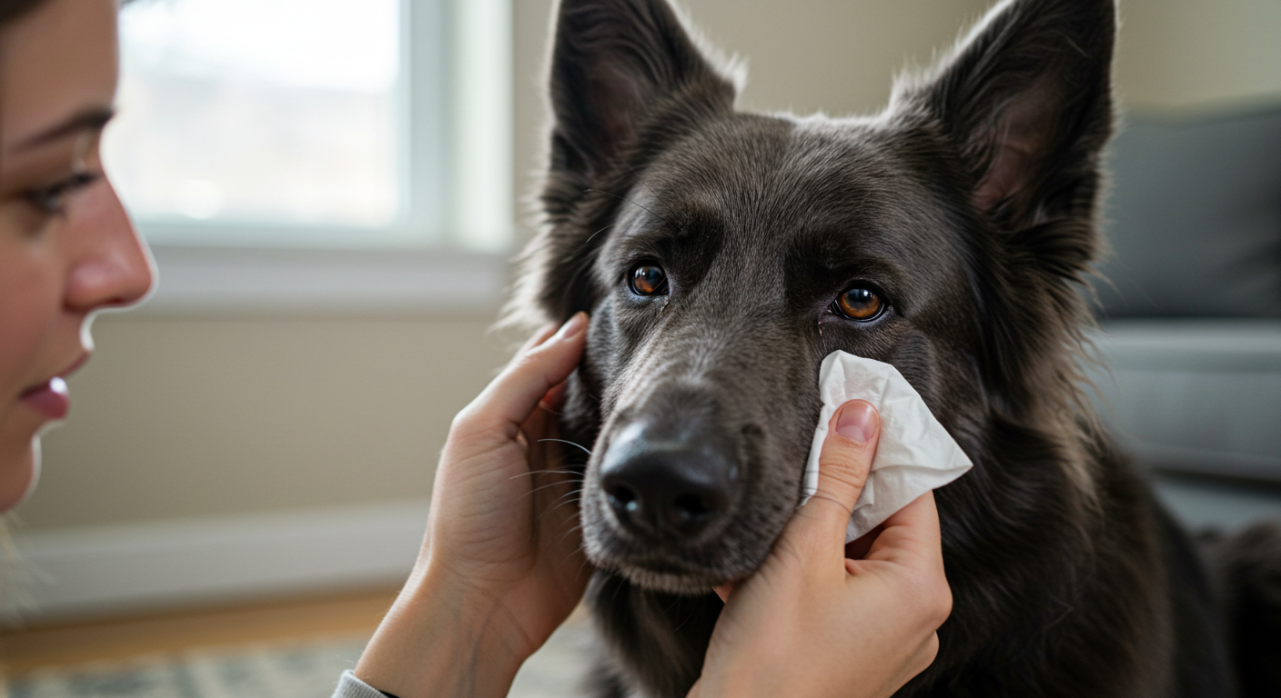 a woman wipes a dog 's eyes with a tissue