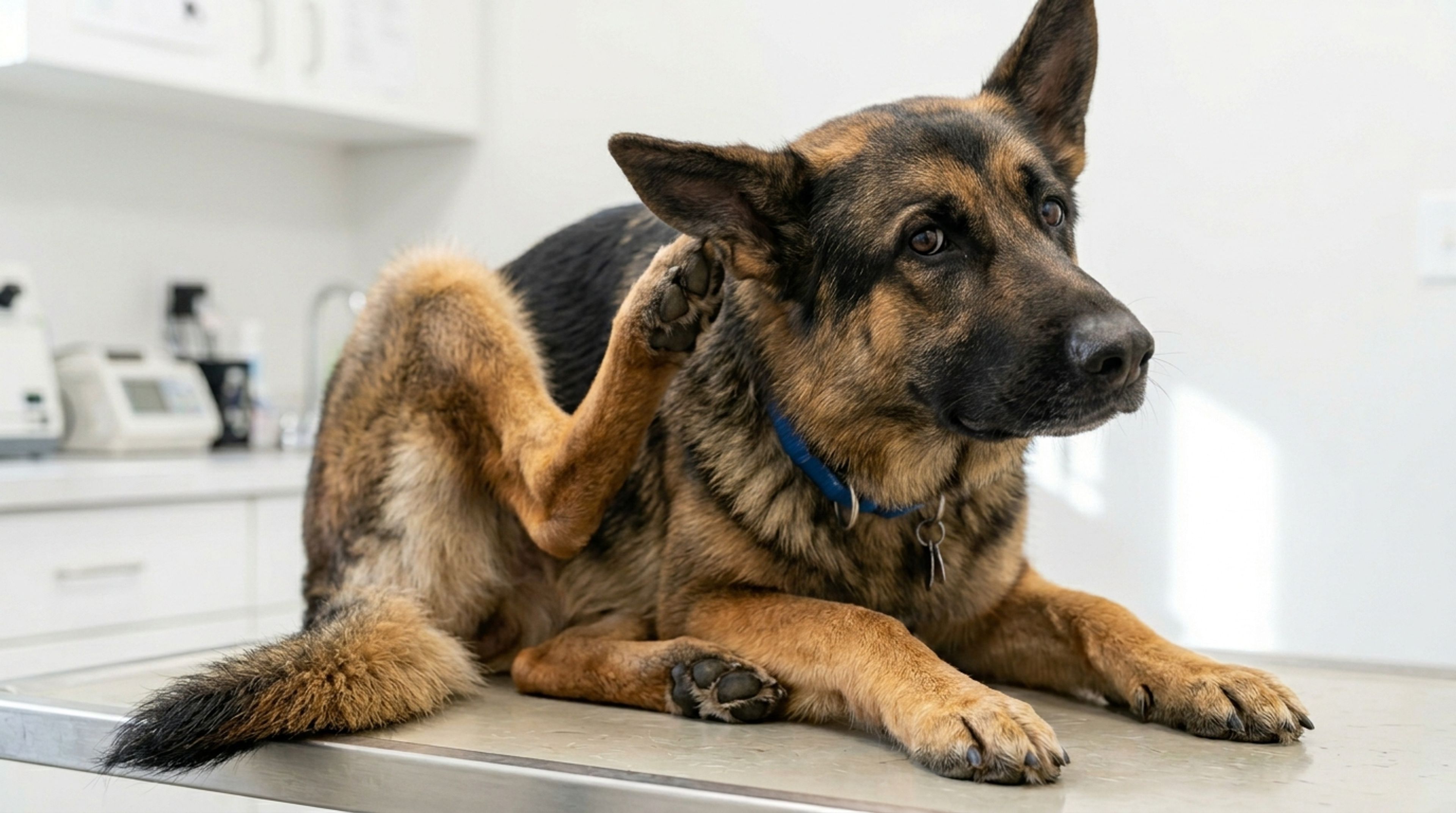 German Shepherd scratching its ear showing common allergy symptoms in the breed