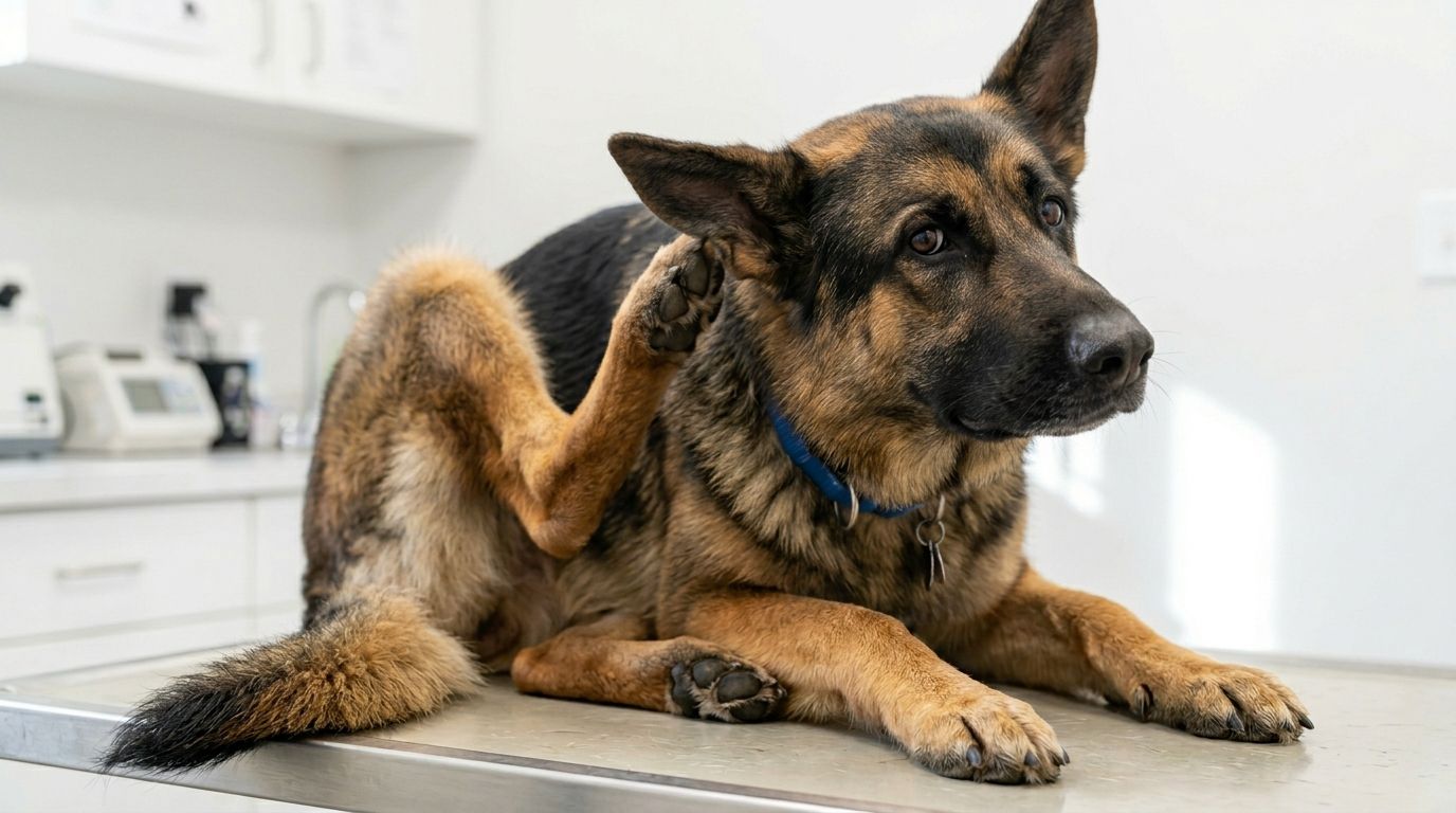 German Shepherd scratching its ear showing common allergy symptoms in the breed