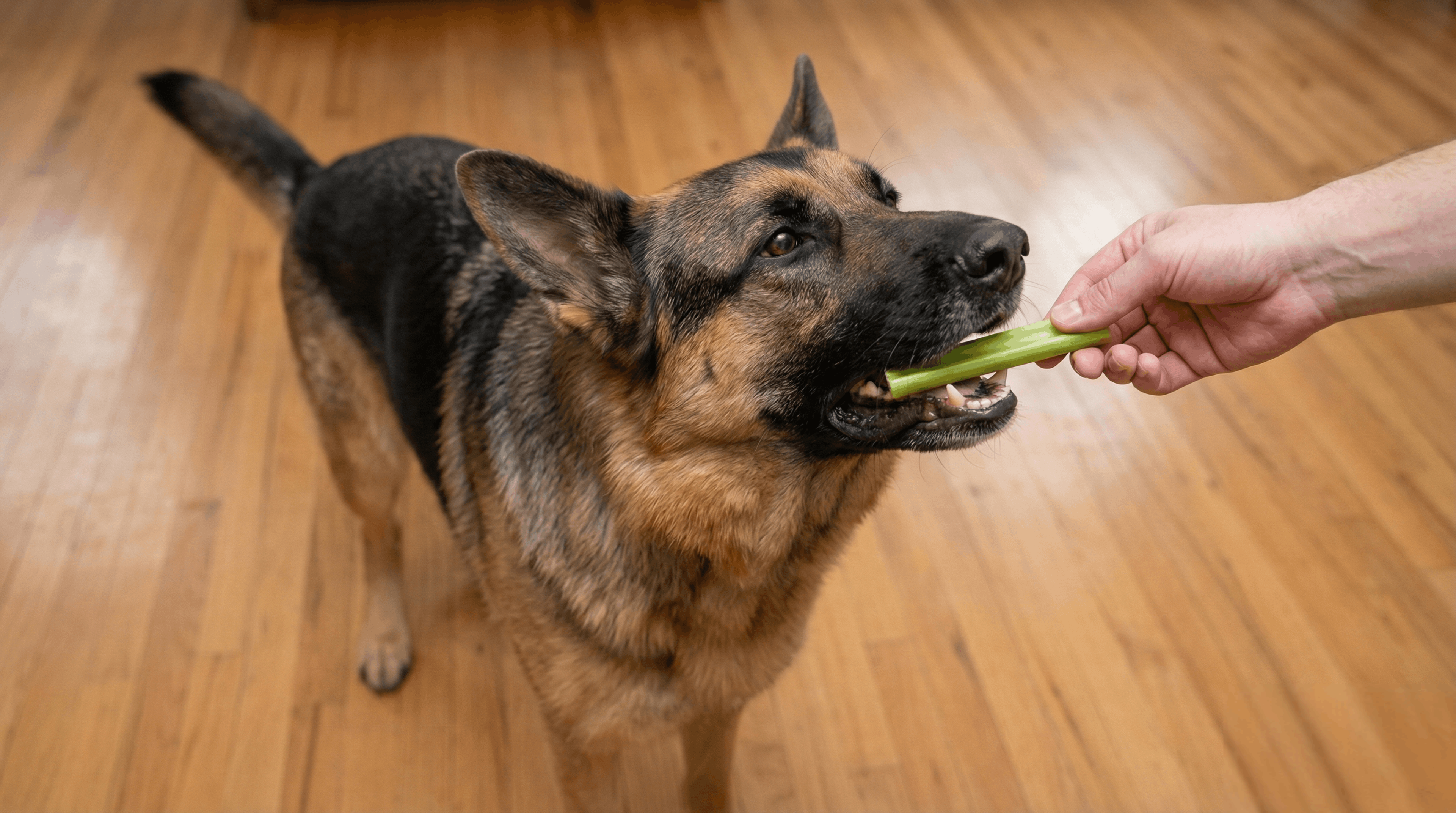 German Shepherd eating celery stalk