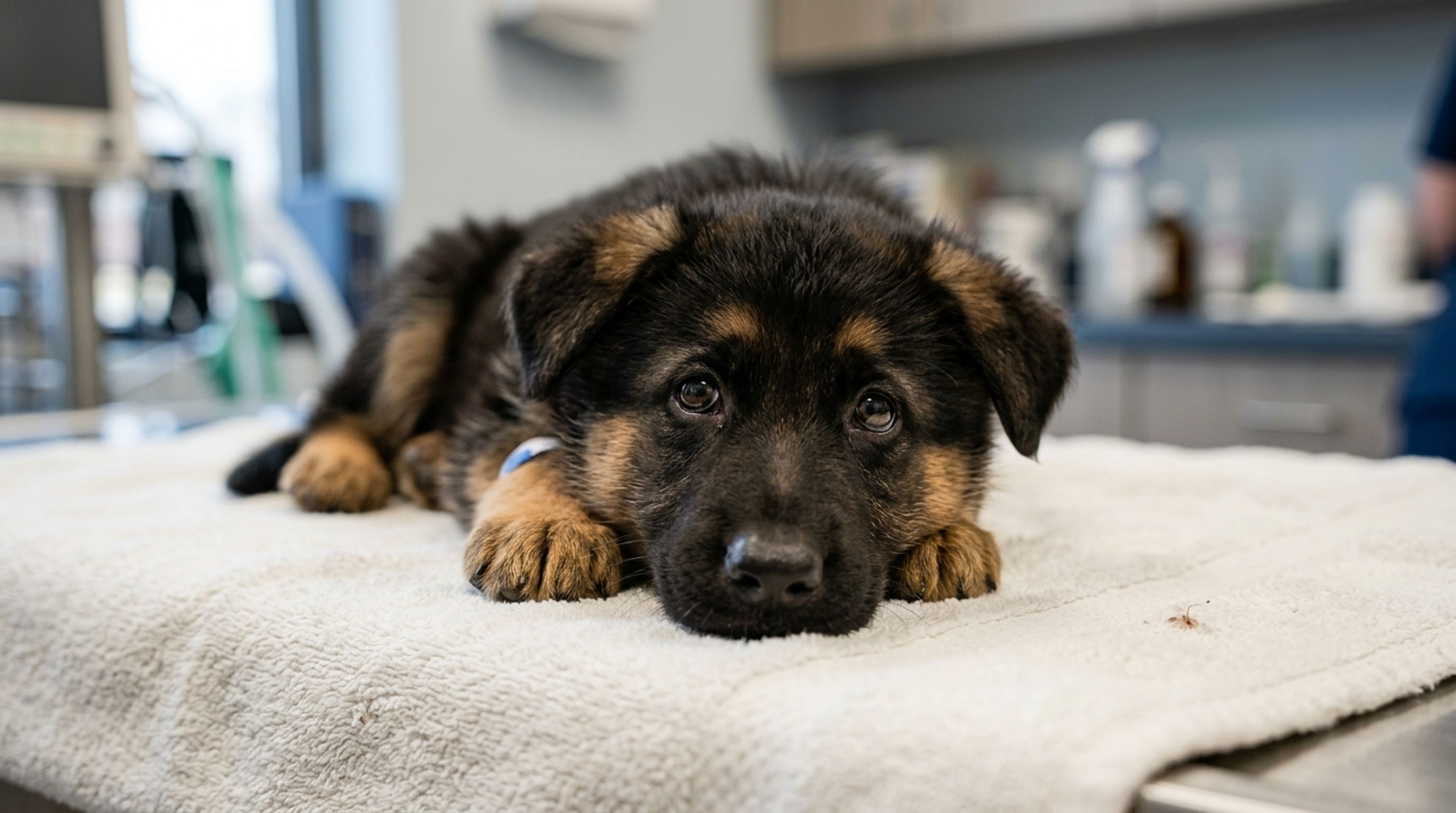 A young black and tan German Shepherd puppy resting on a veterinary blanket showing signs of illness