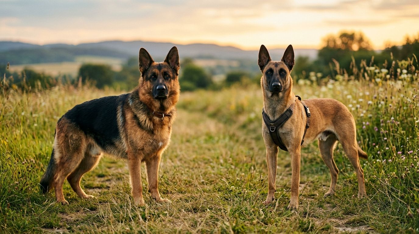 Side-by-side comparison of a traditional German Shepherd and a Belgian Malinois standing in a grassy field showing their size and build differences