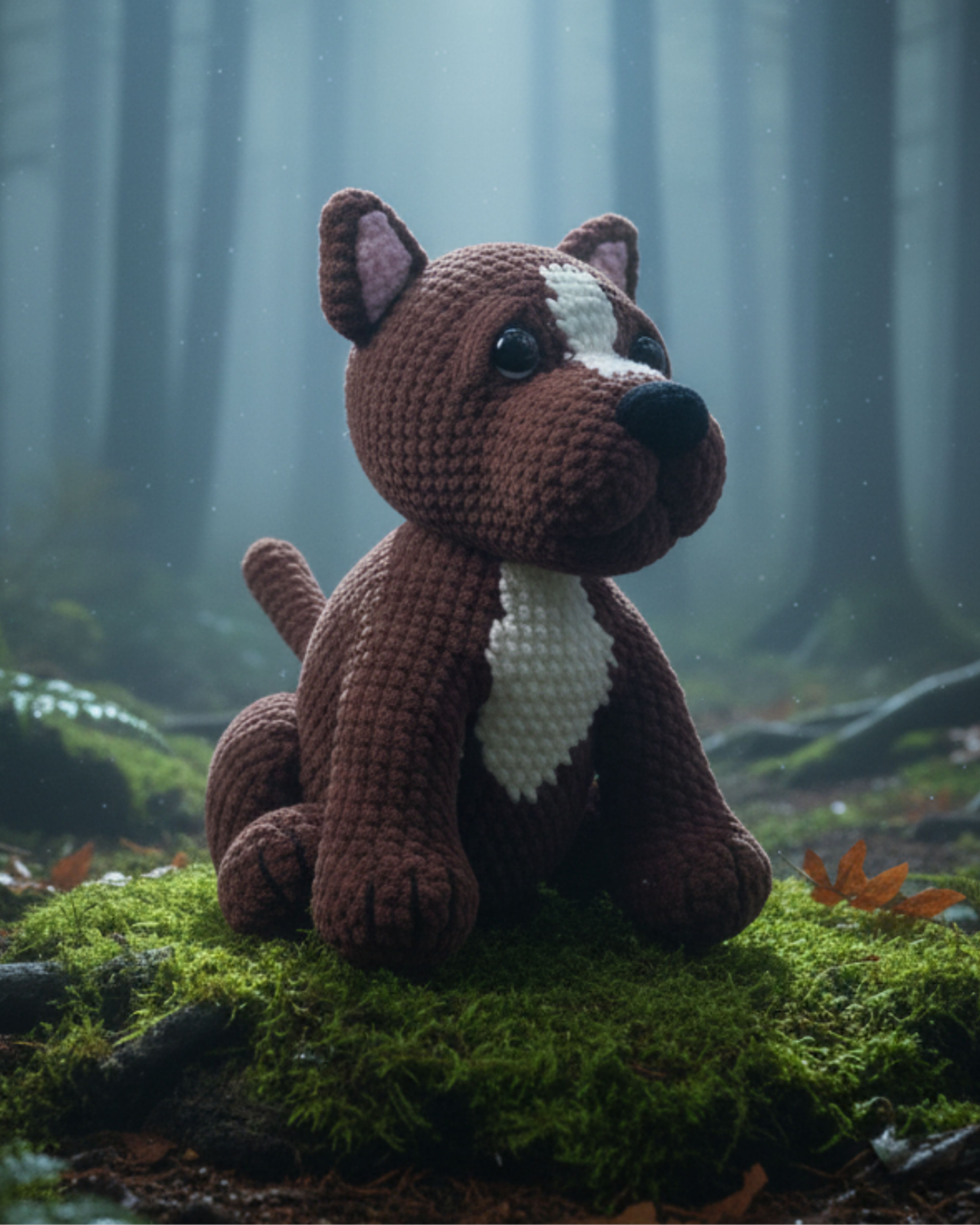 Crochet German Shepherd amigurumi showing the front view with detailed stitching, face features, and realistic design in a forest setting