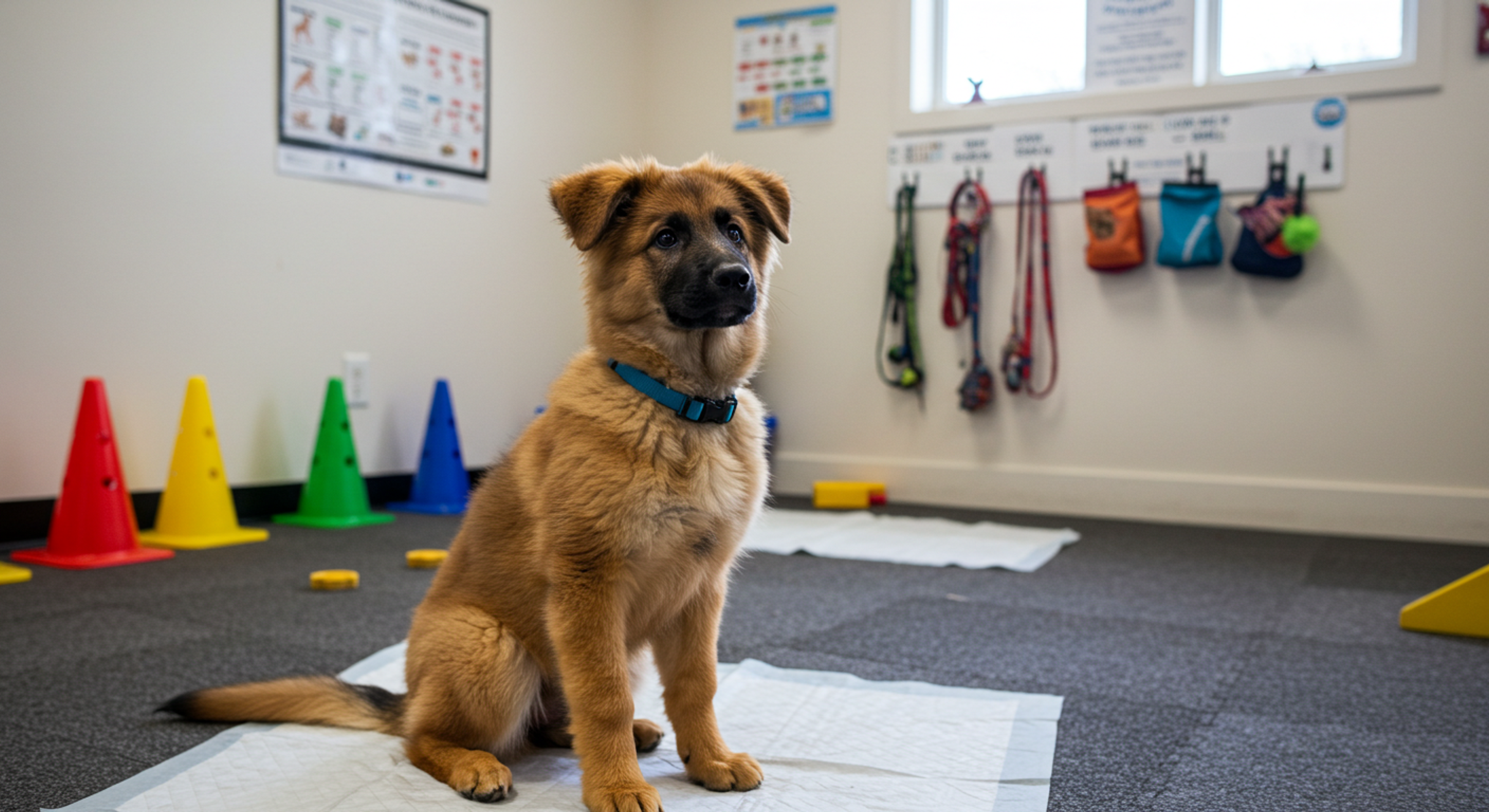 a puppy is sitting on a diaper in a room