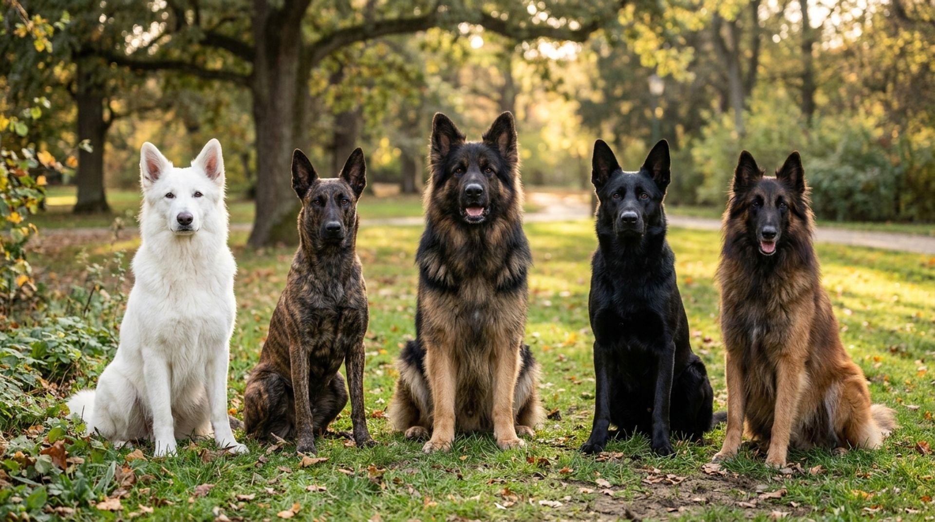 Group portrait of five shepherd-type breeds that look like German Shepherds sitting together in a park