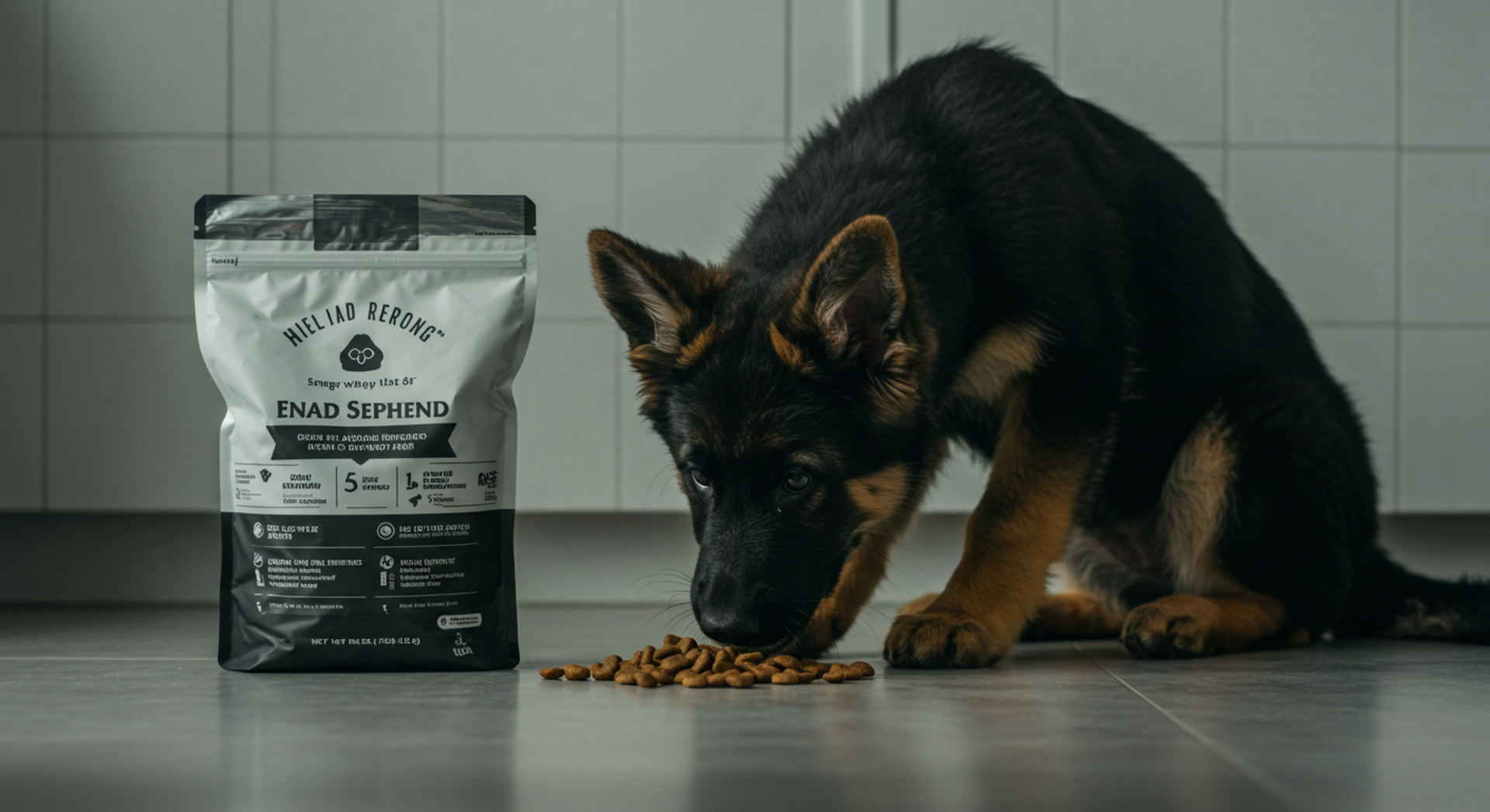 a german shepherd puppy eating from a bag of enad shepherd dog food