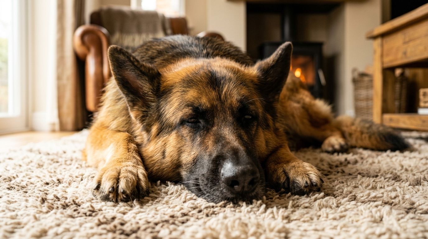 Contented adult German Shepherd resting heavily and groaning peacefully