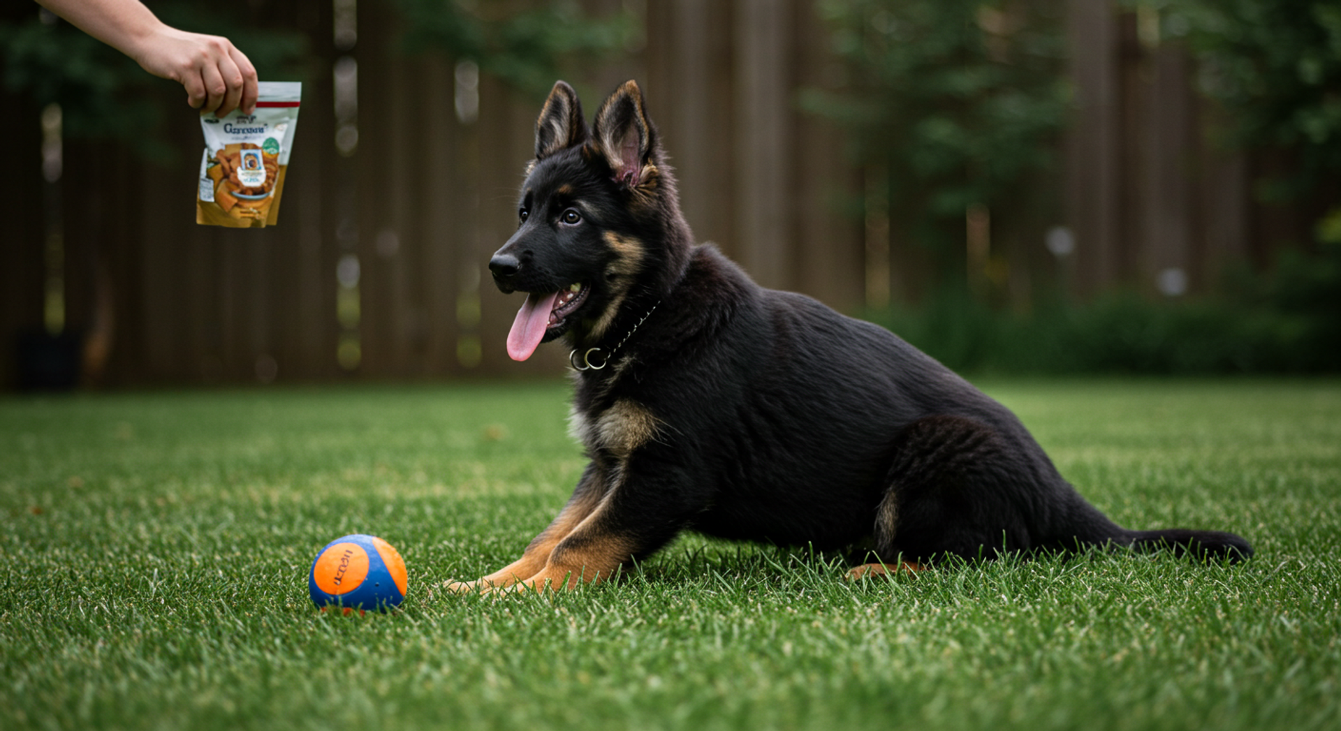 a german shepherd puppy playing with a ball and a bag of dog treats