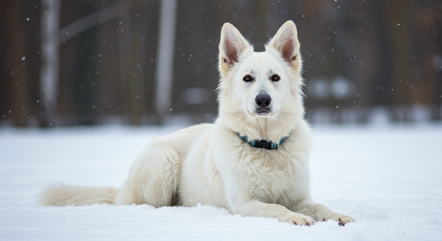 a white dog with a blue collar is laying in the snow