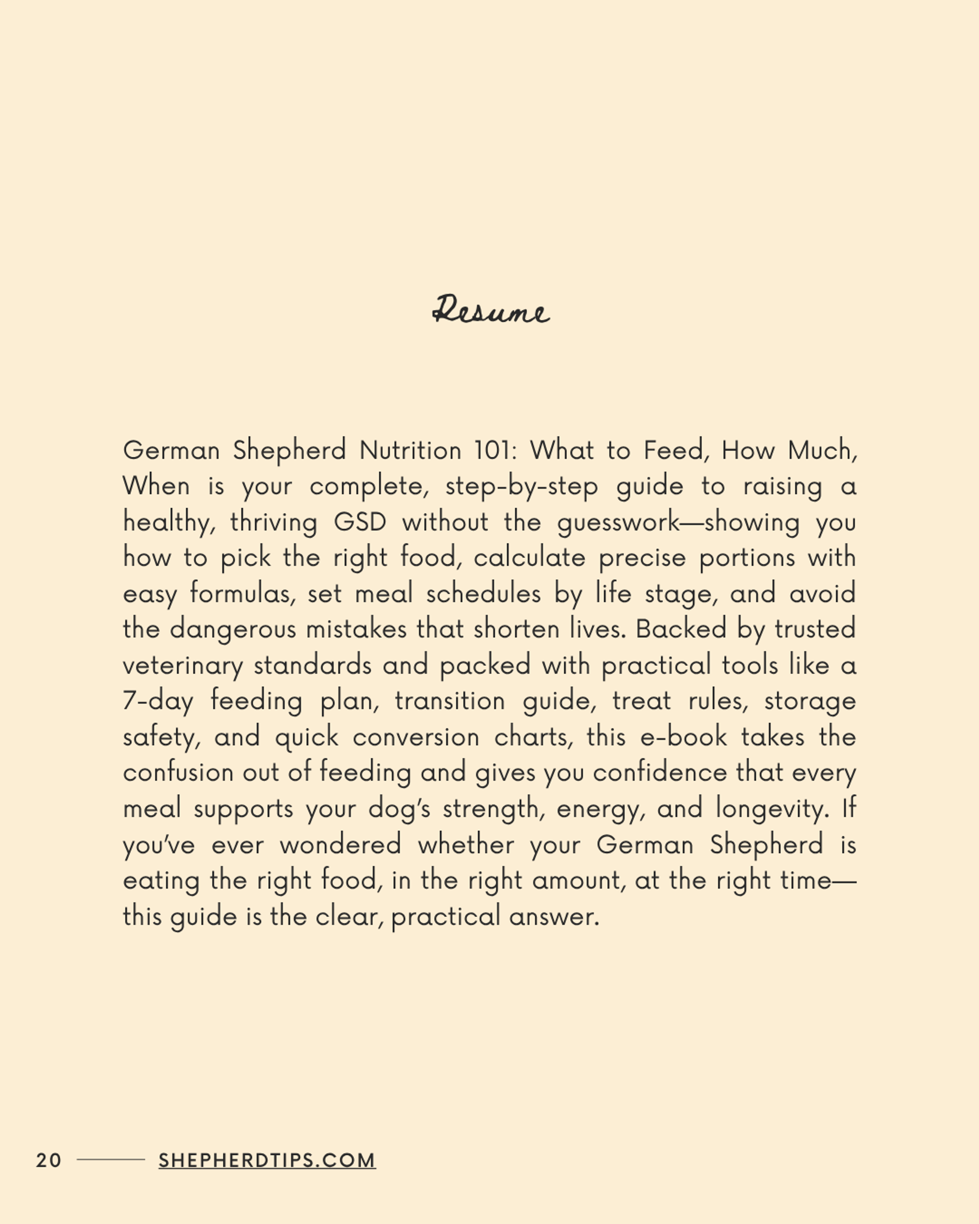 German Shepherd Nutrition 101 ebook resume page with detailed guide description and shepherdtips.com footer