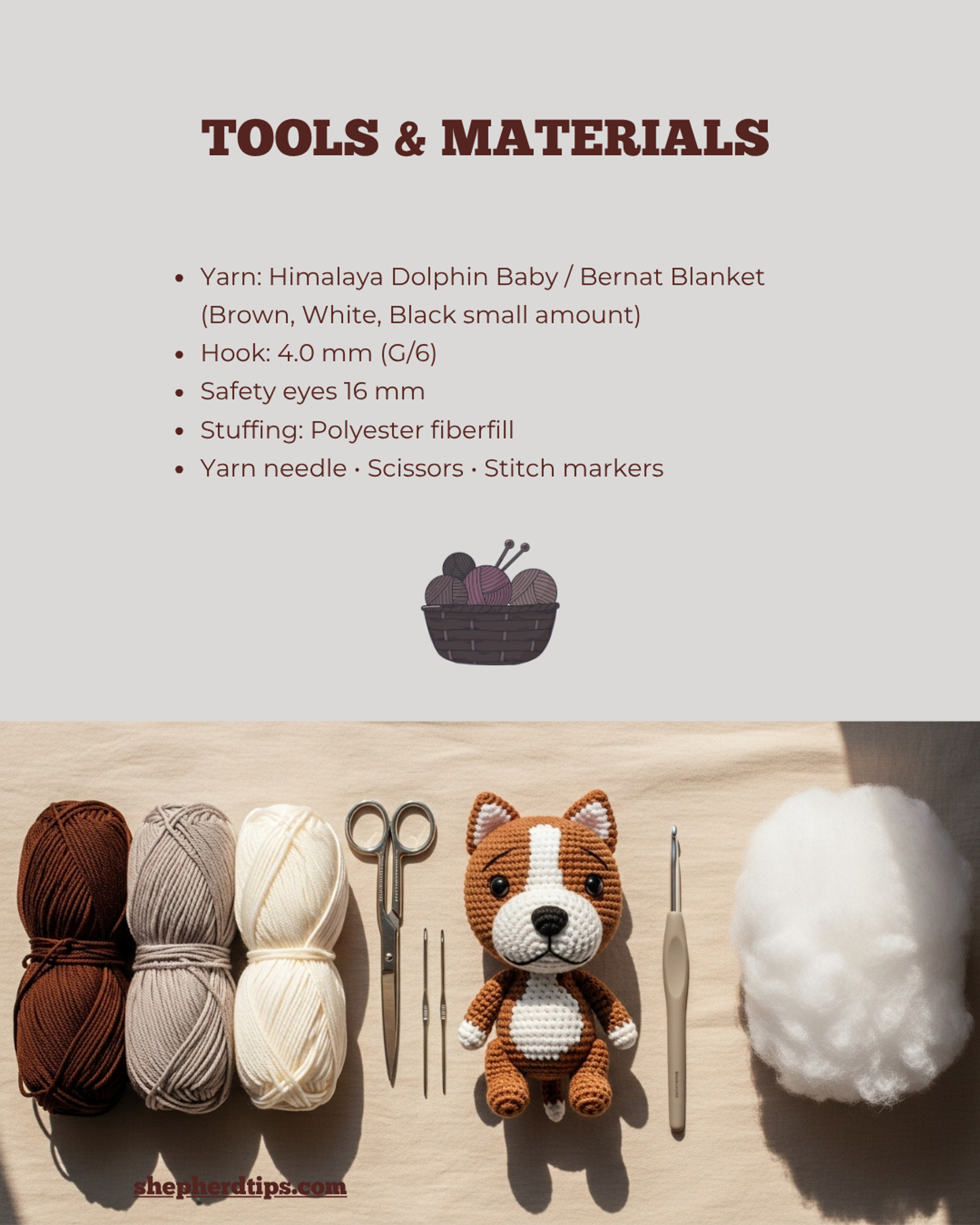 Crochet German Shepherd pattern PDF showing tools and materials list with yarn, crochet hook, safety eyes, stuffing, scissors, and amigurumi doll