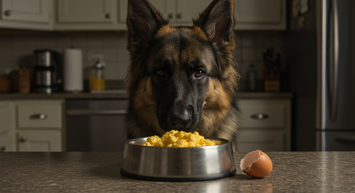 a german shepherd looking at a bowl of food