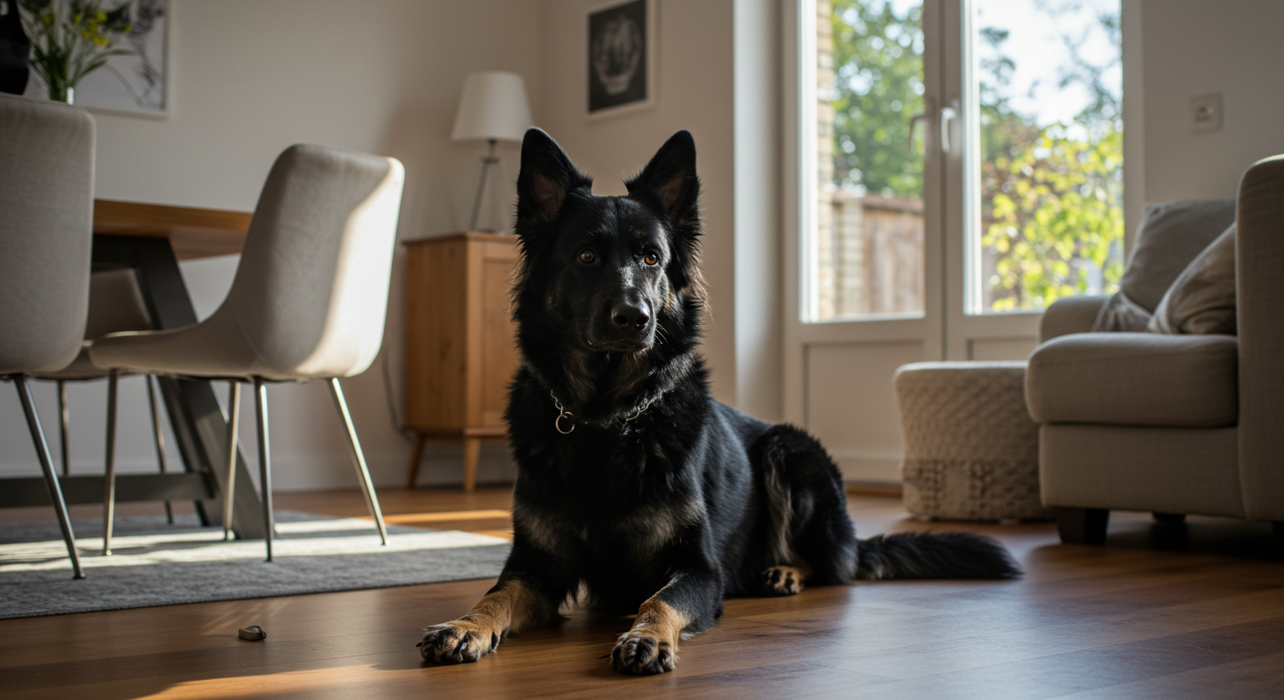 a black tan german sheperd dog is laying on the floor in a living room