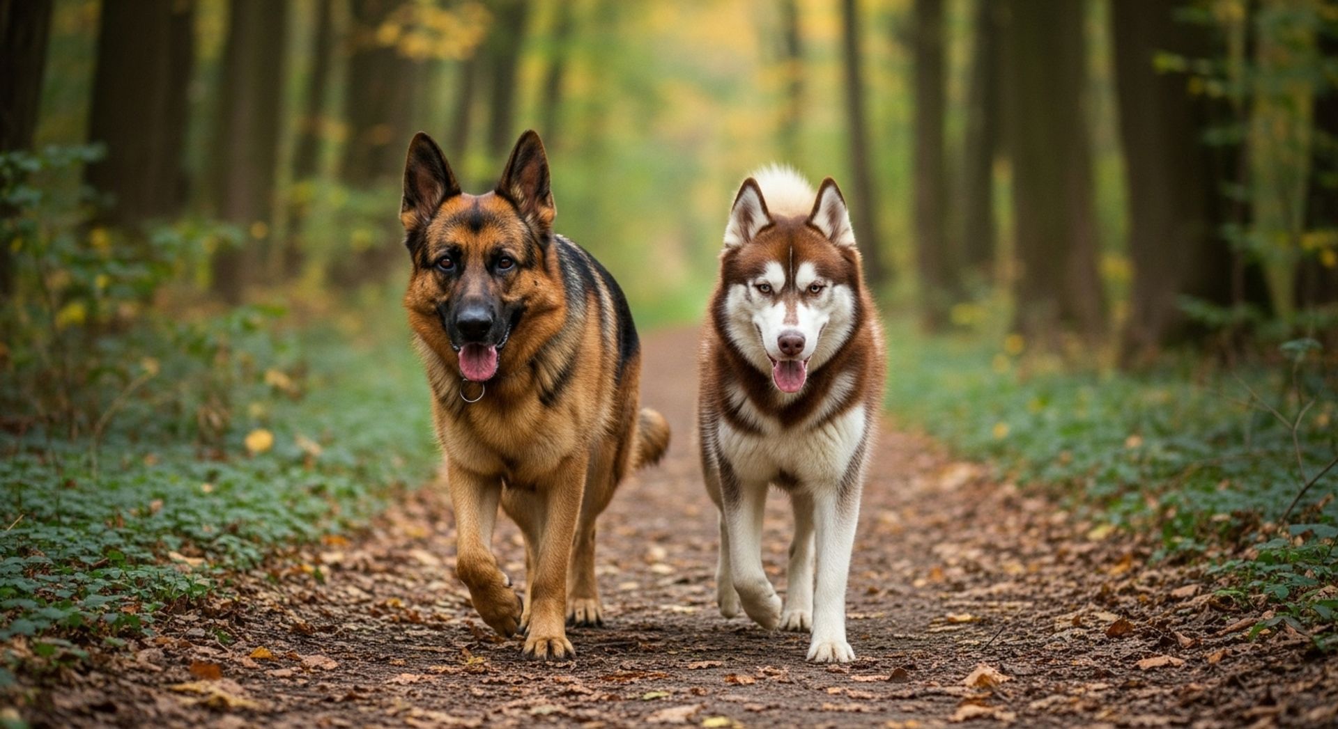 German Shepherd and Husky walking on forest trail.